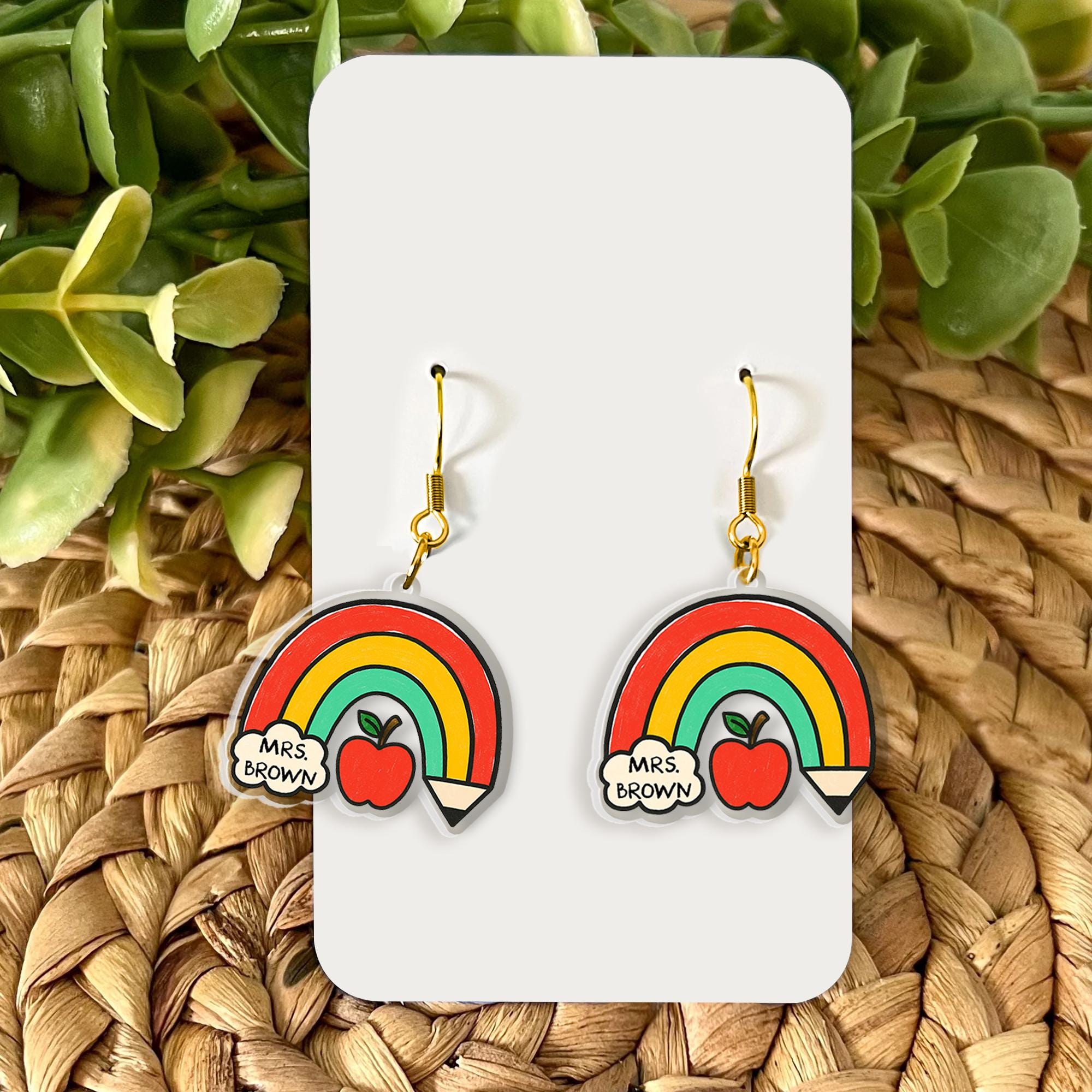 Custom Teacher Rainbow Earrings, Personalized Apple Pencil Dangle Earrings, Cute Back to School Jewelry Gift for Teachers, Educators, Staffs