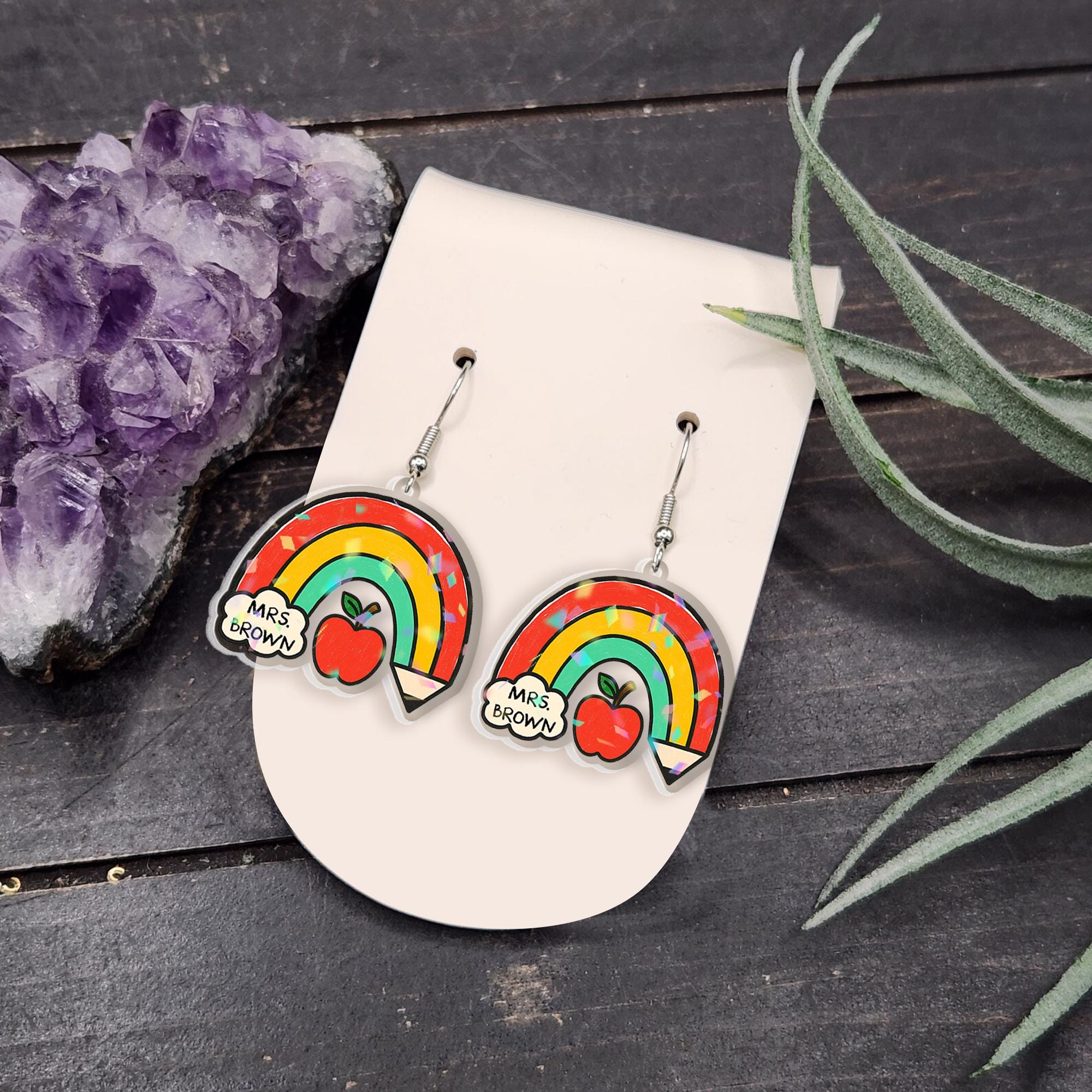 Custom Teacher Rainbow Earrings, Personalized Apple Pencil Dangle Earrings, Cute Back to School Jewelry Gift for Teachers, Educators, Staffs