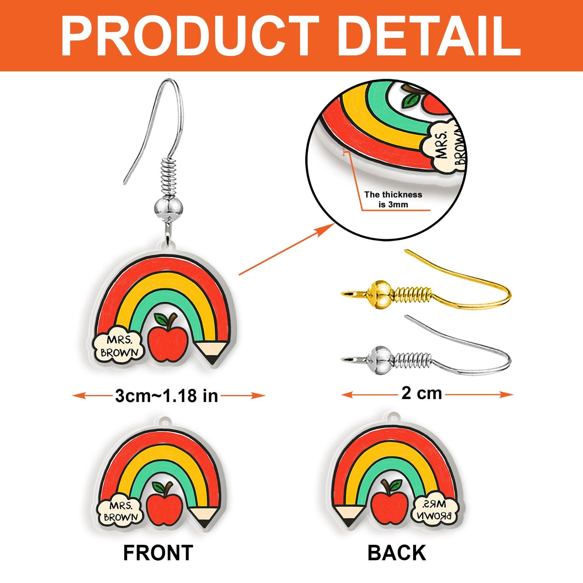 Custom Teacher Rainbow Earrings, Personalized Apple Pencil Dangle Earrings, Cute Back to School Jewelry Gift for Teachers, Educators, Staffs