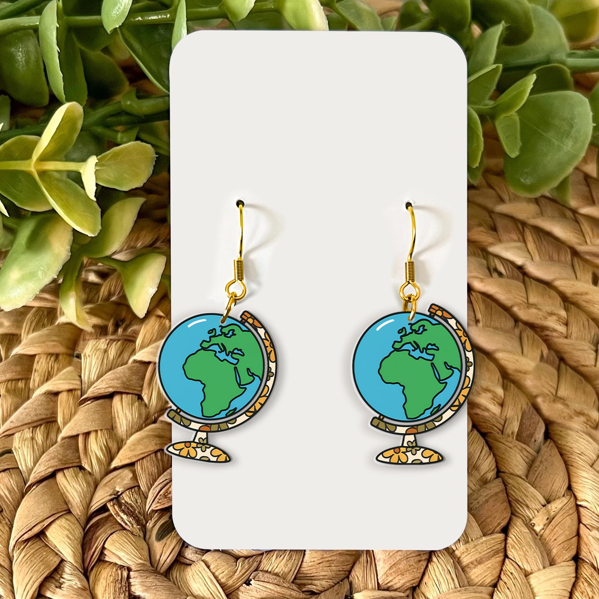 Globe Earrings for Teachers, Floral World Map Dangle Earrings, Geography Gift, Back to School Jewelry for Educators and Travelers, Teachers