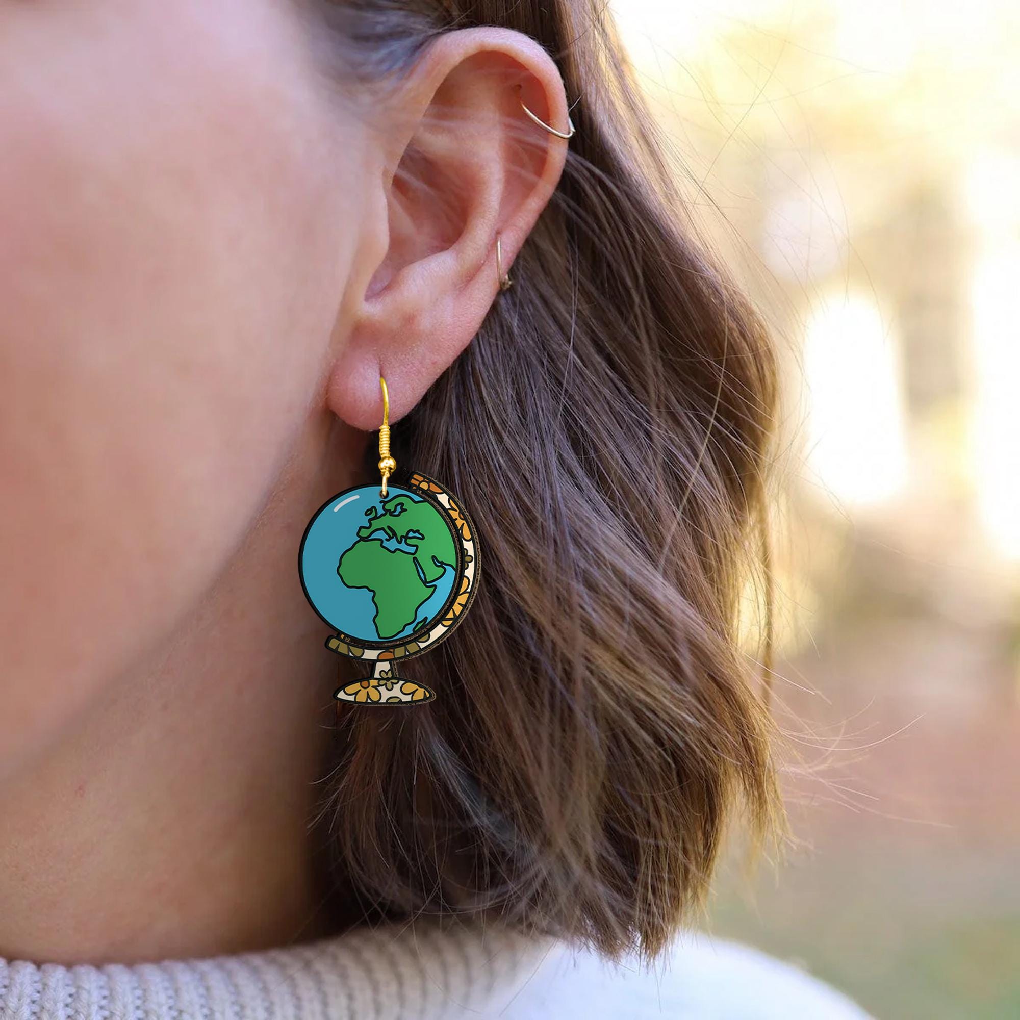 Globe Earrings for Teachers, Floral World Map Dangle Earrings, Geography Gift, Back to School Jewelry for Educators and Travelers, Teachers