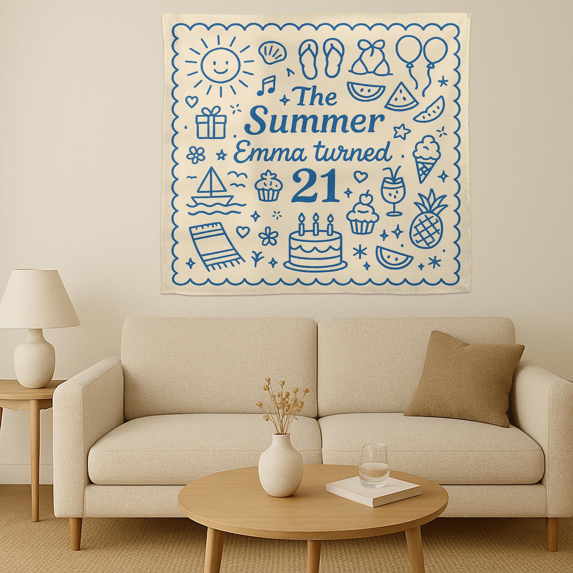 Summer Birthday Tapestry, Custom Name Age Wall Banner, 21st Birthday Party Backdrop, Personalized Summer Decor, Celebration Sign