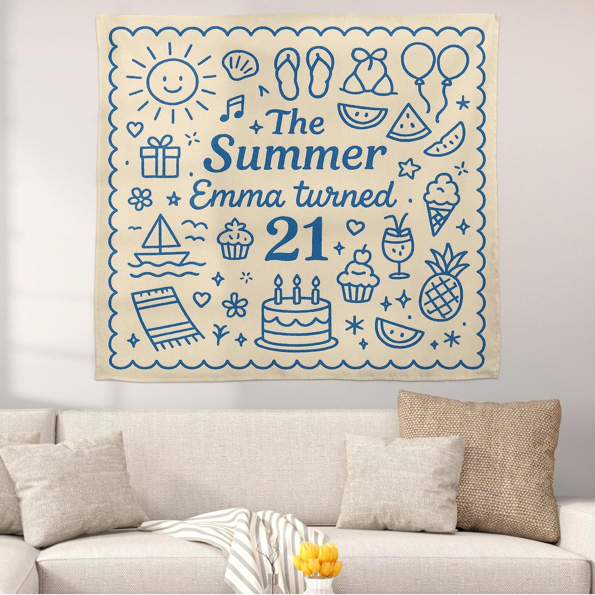 Summer Birthday Tapestry, Custom Name Age Wall Banner, 21st Birthday Party Backdrop, Personalized Summer Decor, Celebration Sign