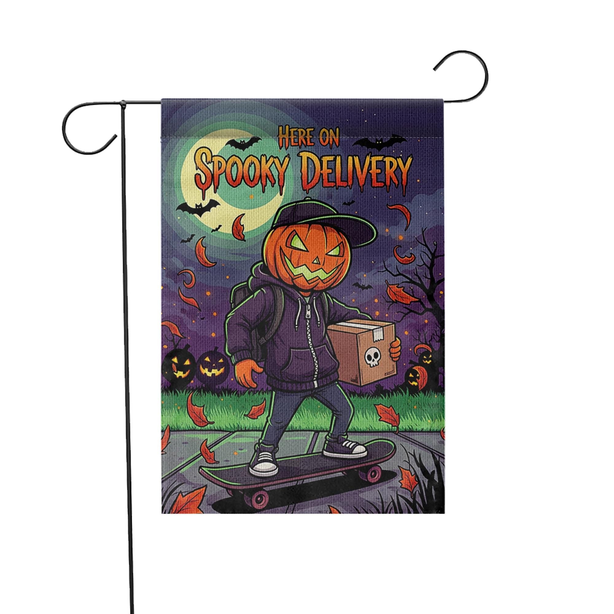 Spooky Delivery Garden Flag, Halloween Pumpkin Skater Yard Decor, Trick or Treat Home Outdoor Banner