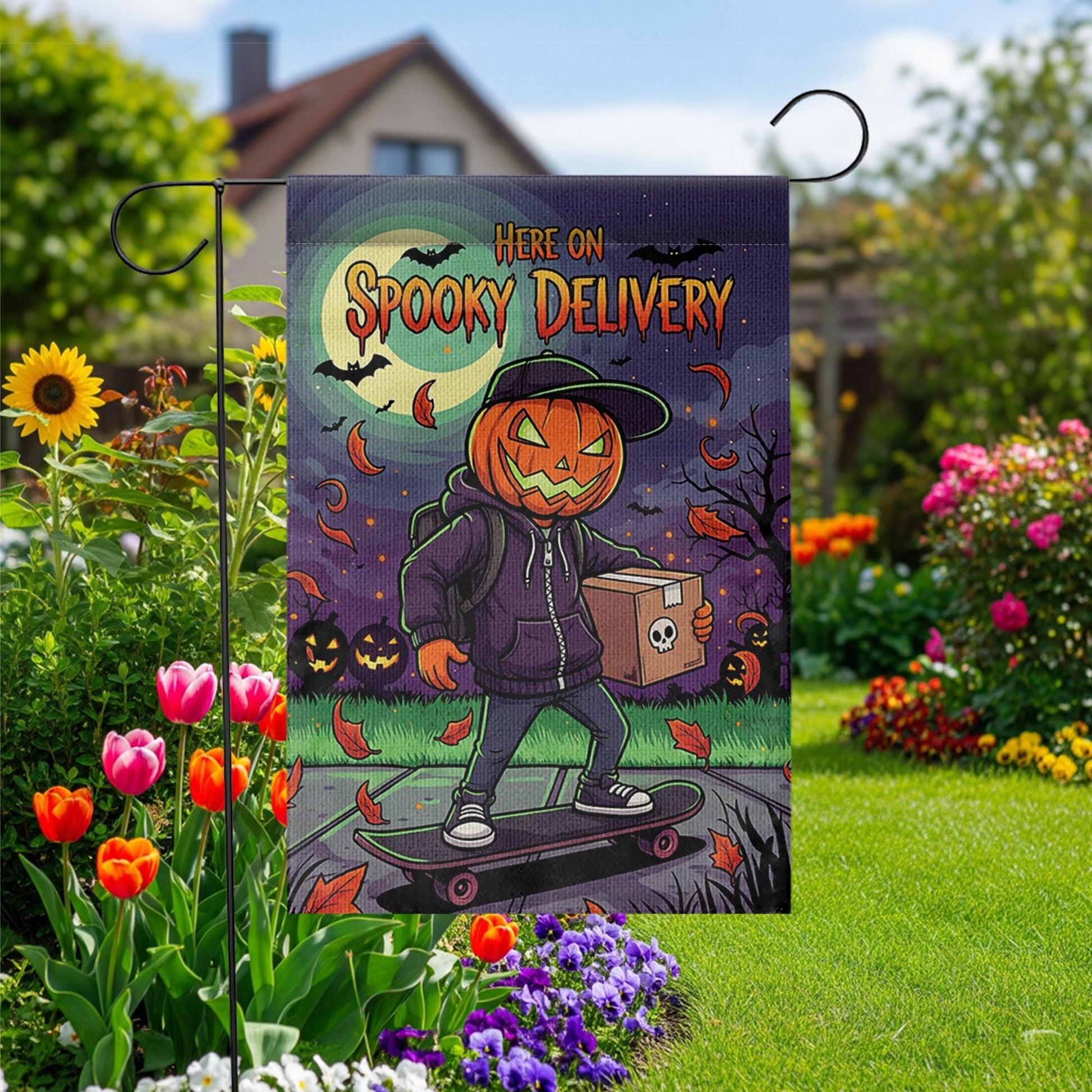 Spooky Delivery Garden Flag, Halloween Pumpkin Skater Yard Decor, Trick or Treat Home Outdoor Banner