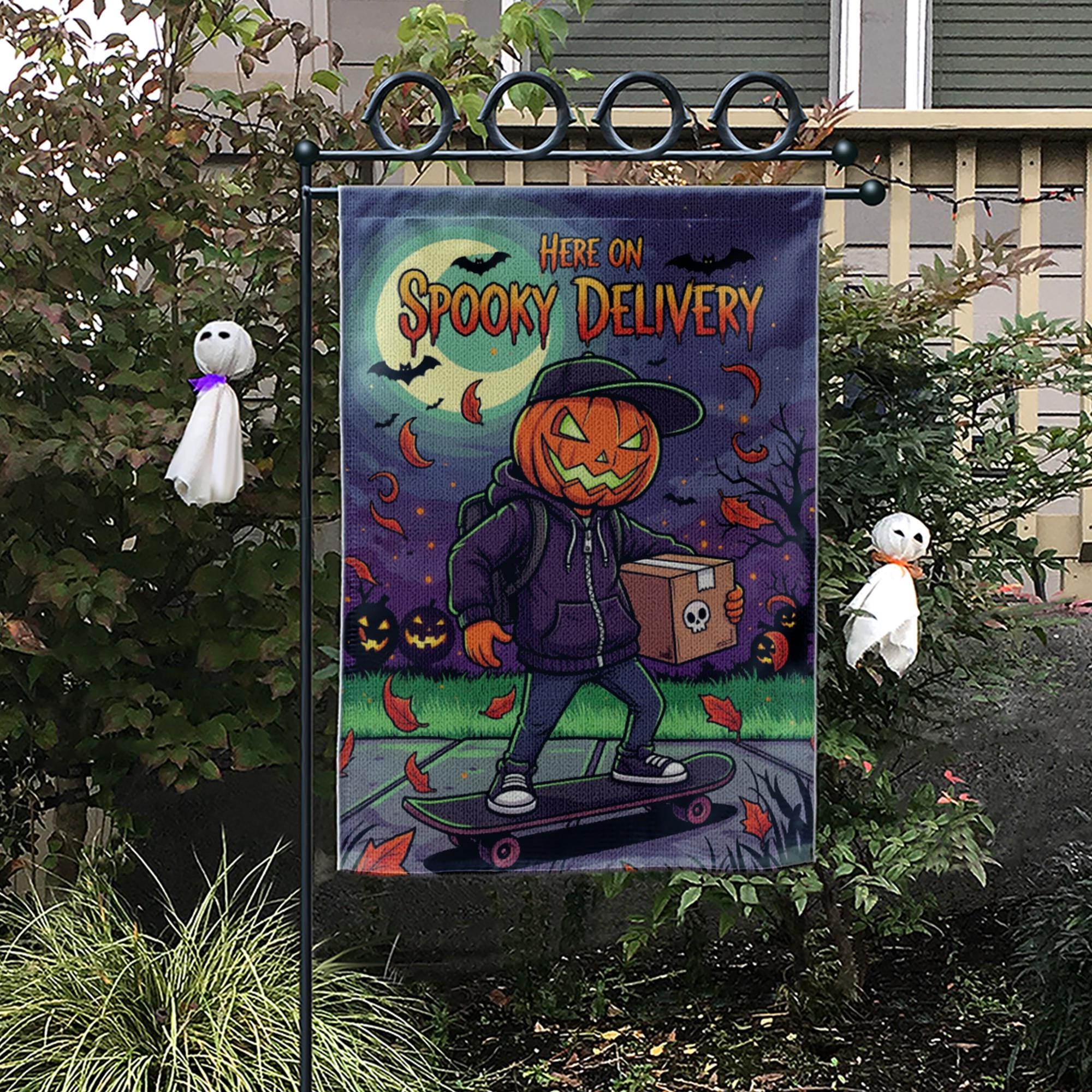 Spooky Delivery Garden Flag, Halloween Pumpkin Skater Yard Decor, Trick or Treat Home Outdoor Banner