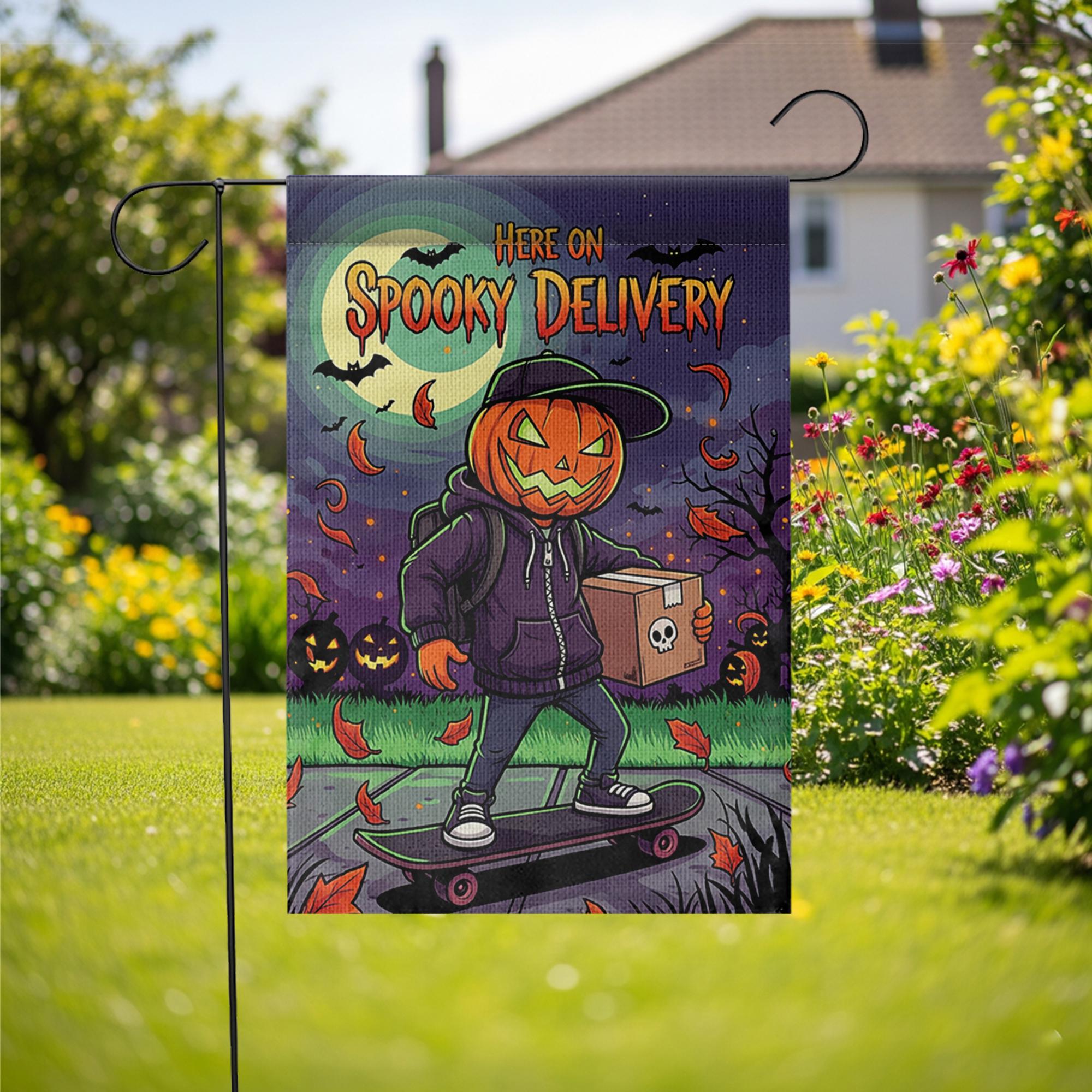 Spooky Delivery Garden Flag, Halloween Pumpkin Skater Yard Decor, Trick or Treat Home Outdoor Banner