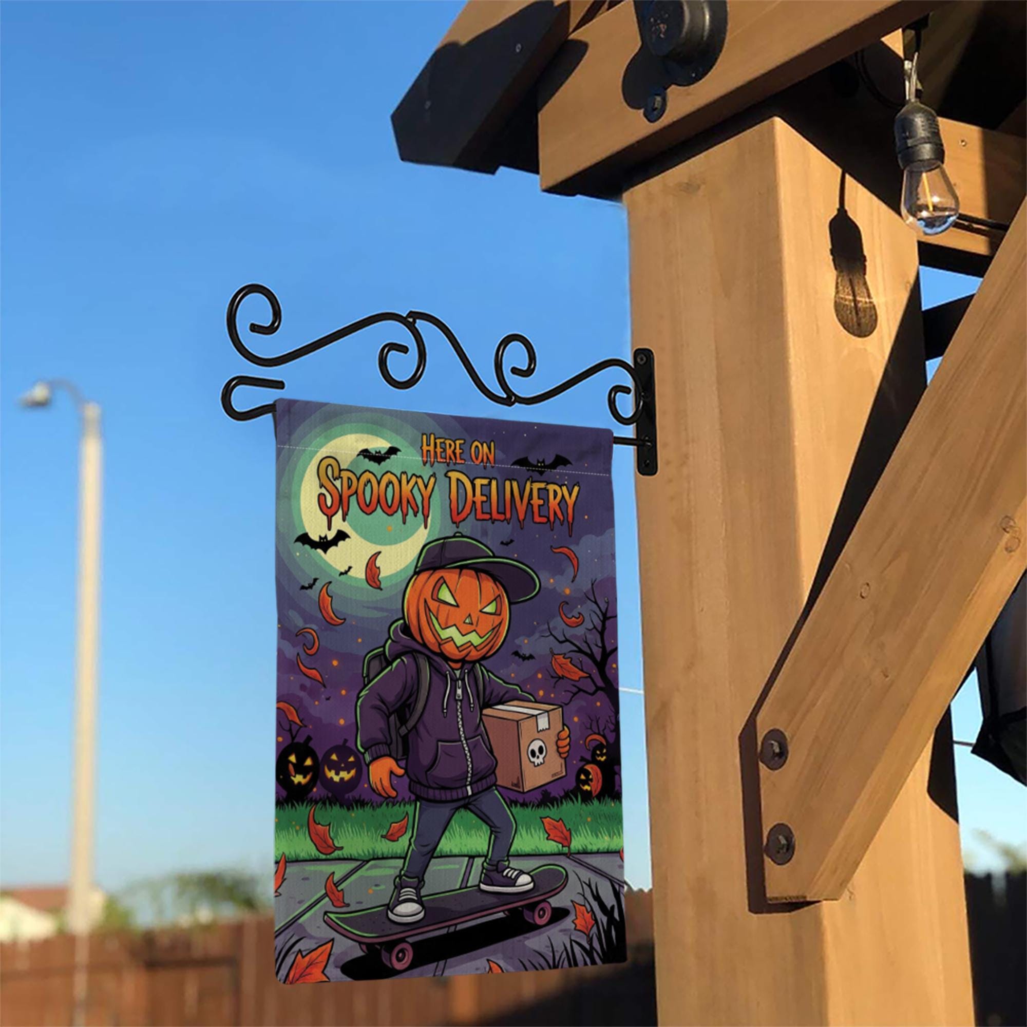 Spooky Delivery Garden Flag, Halloween Pumpkin Skater Yard Decor, Trick or Treat Home Outdoor Banner