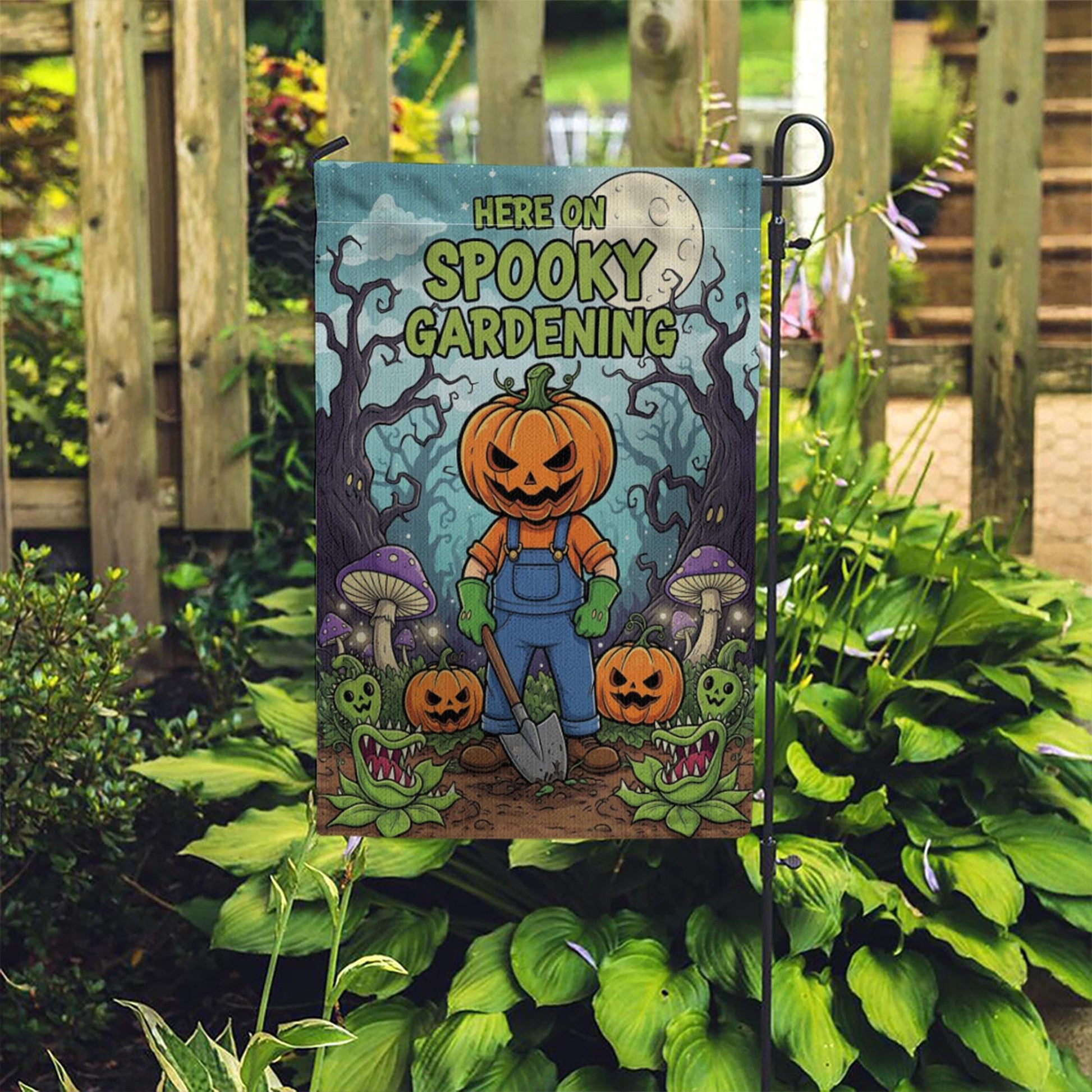 Spooky Gardening Garden Flag, Halloween Pumpkin Planter Yard Decor, Goth Outdoor Home Banner, Fall Display