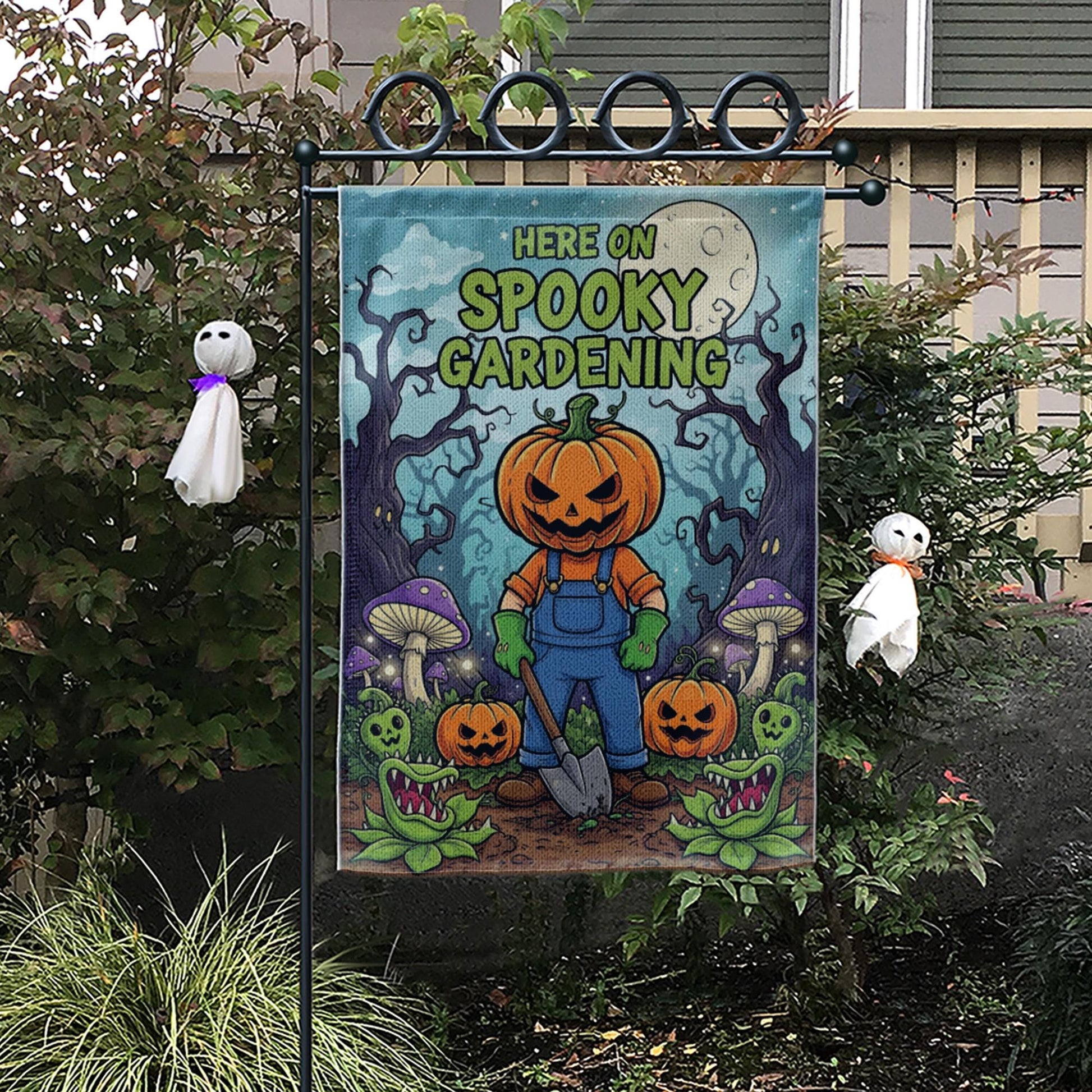 Spooky Gardening Garden Flag, Halloween Pumpkin Planter Yard Decor, Goth Outdoor Home Banner, Fall Display