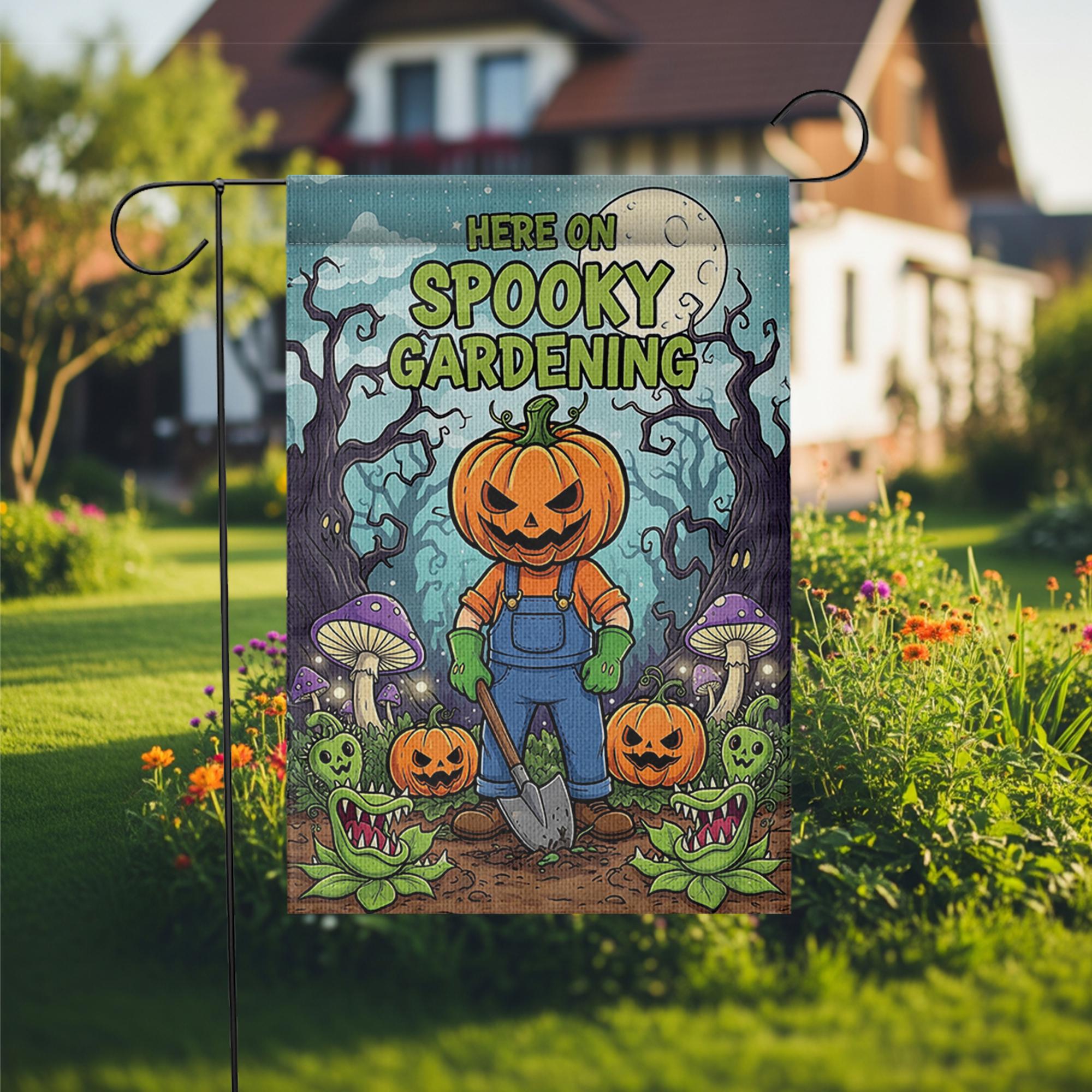 Spooky Gardening Garden Flag, Halloween Pumpkin Planter Yard Decor, Goth Outdoor Home Banner, Fall Display