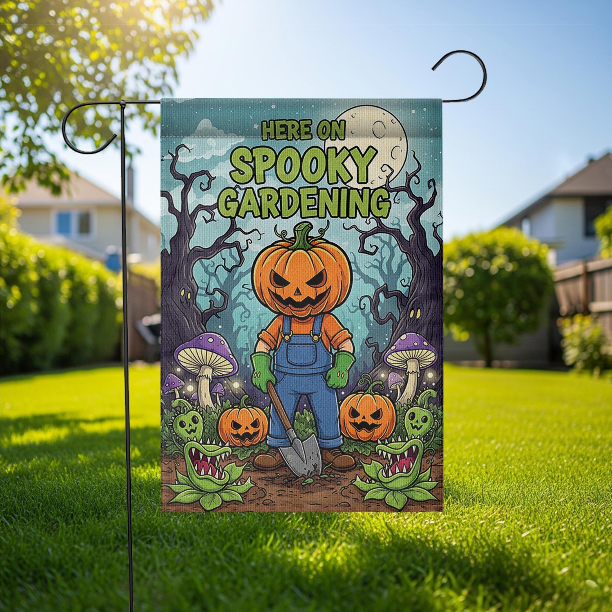 Spooky Gardening Garden Flag, Halloween Pumpkin Planter Yard Decor, Goth Outdoor Home Banner, Fall Display