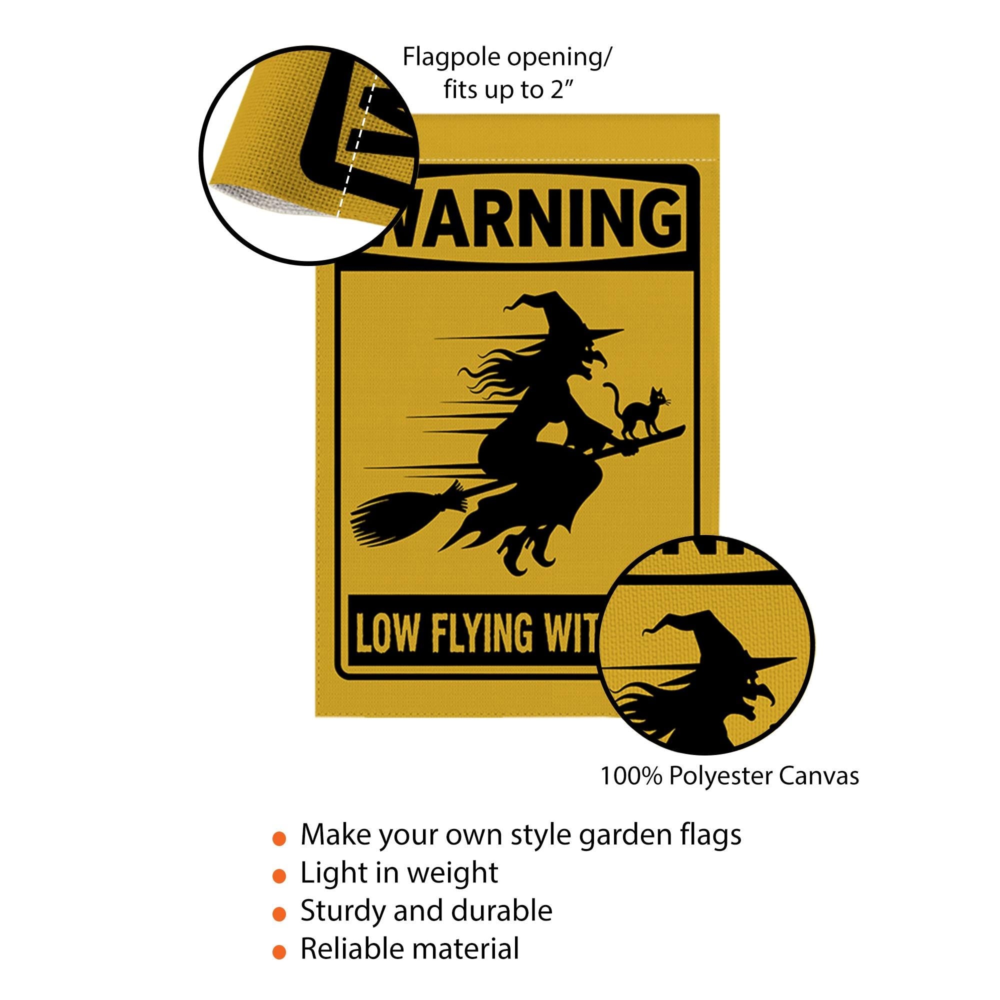Low Flying Witches Garden Flag, Halloween Warning Sign Yard Decor, Funny Witch Home Outdoor Banner