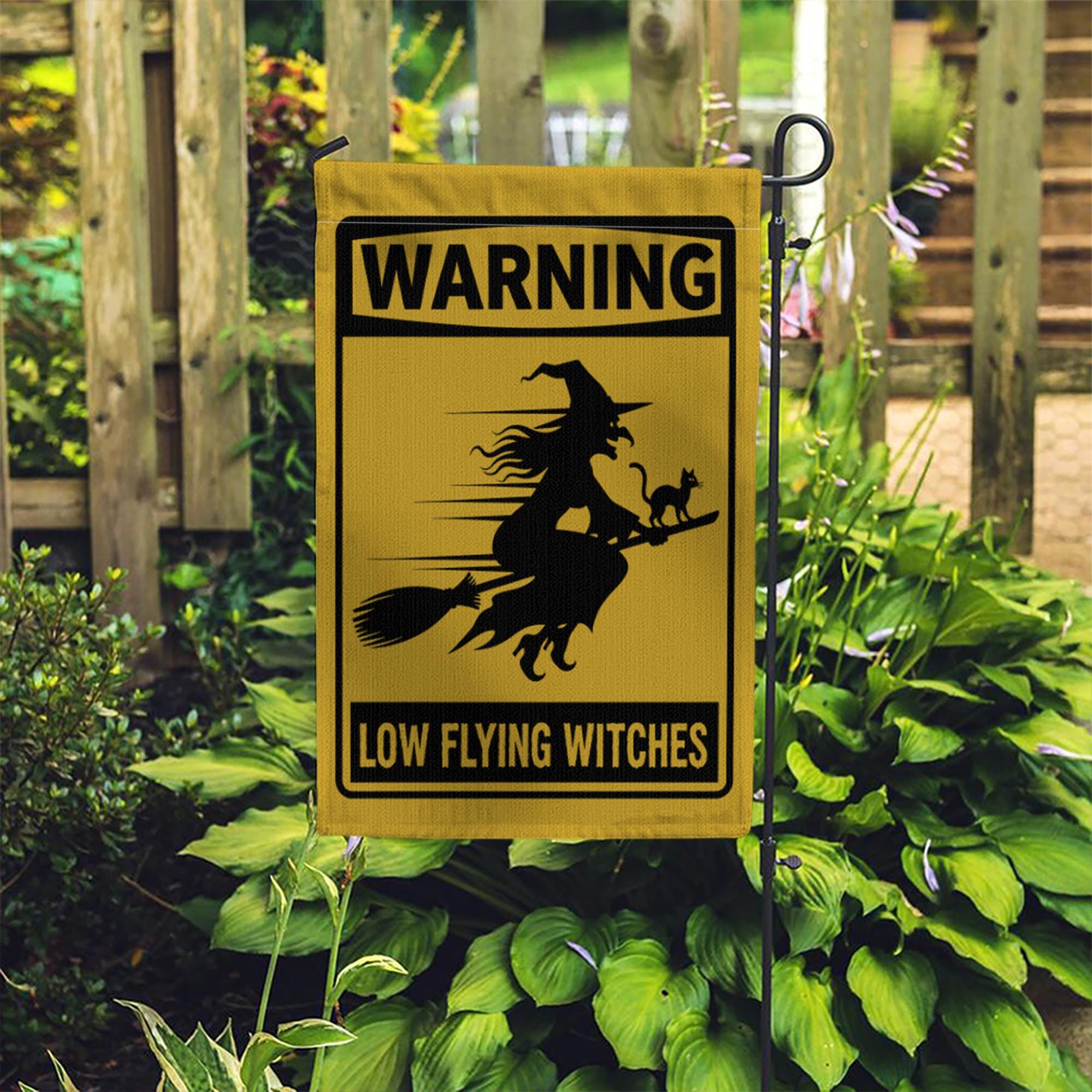 Low Flying Witches Garden Flag, Halloween Warning Sign Yard Decor, Funny Witch Home Outdoor Banner