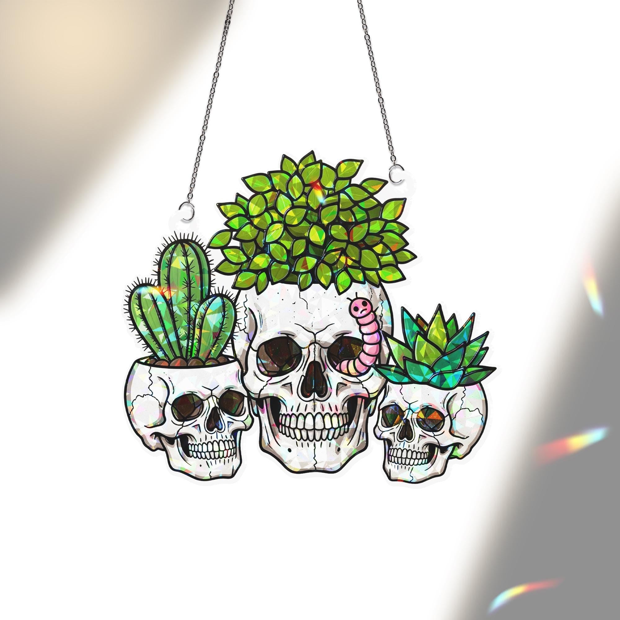 Skull Succulent Suncatcher, Gothic Planter Window Decor, Unique Macabre Home Art, Cactus Stained Glass Effect