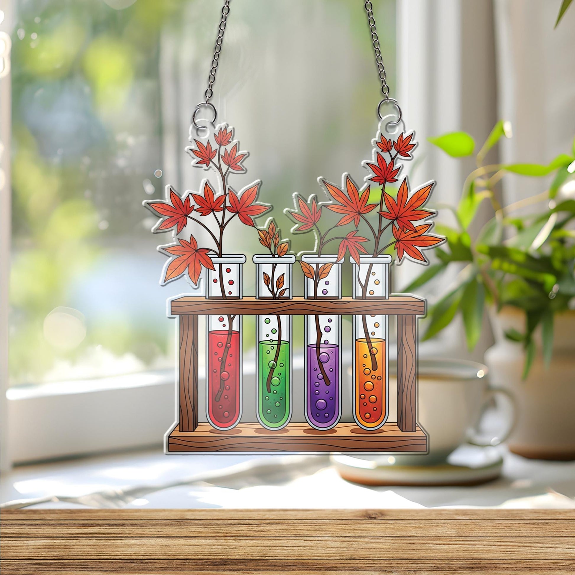 Maple Leaf Test Tube Ornament , Science Plant Window Decor, Botanical Lab Art Gift, Unique Home Accent