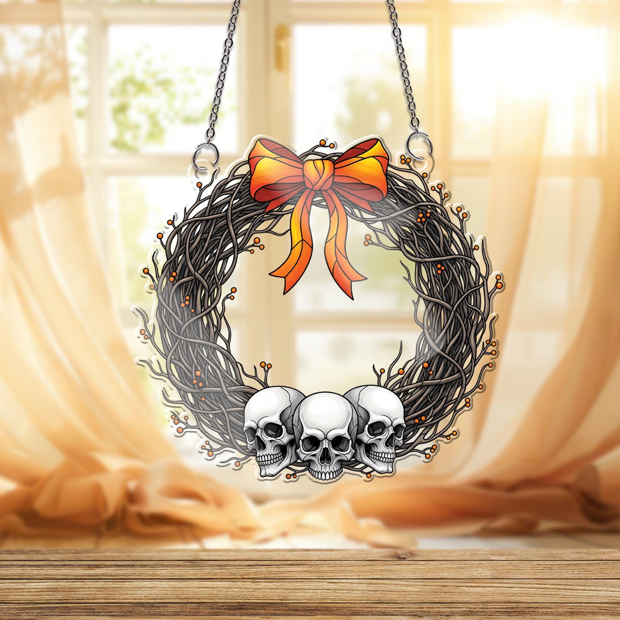 Halloween Skull Wreath Ornament , Gothic Window Decoration, Spooky Autumn Home Decor, Macabre Holiday Gift