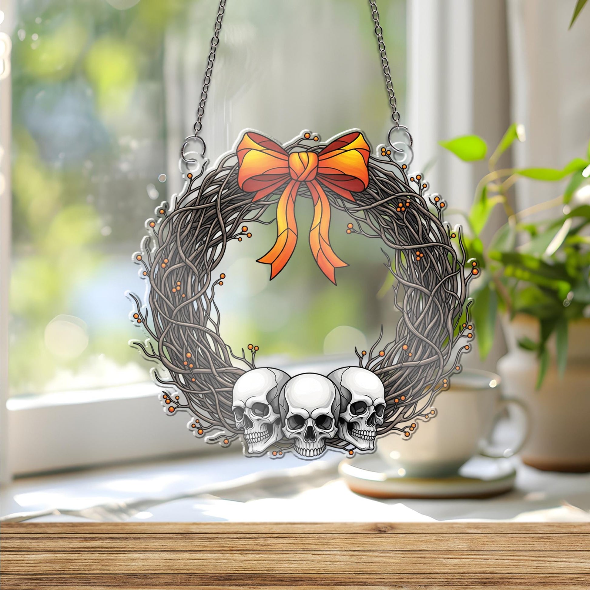 Halloween Skull Wreath Ornament , Gothic Window Decoration, Spooky Autumn Home Decor, Macabre Holiday Gift