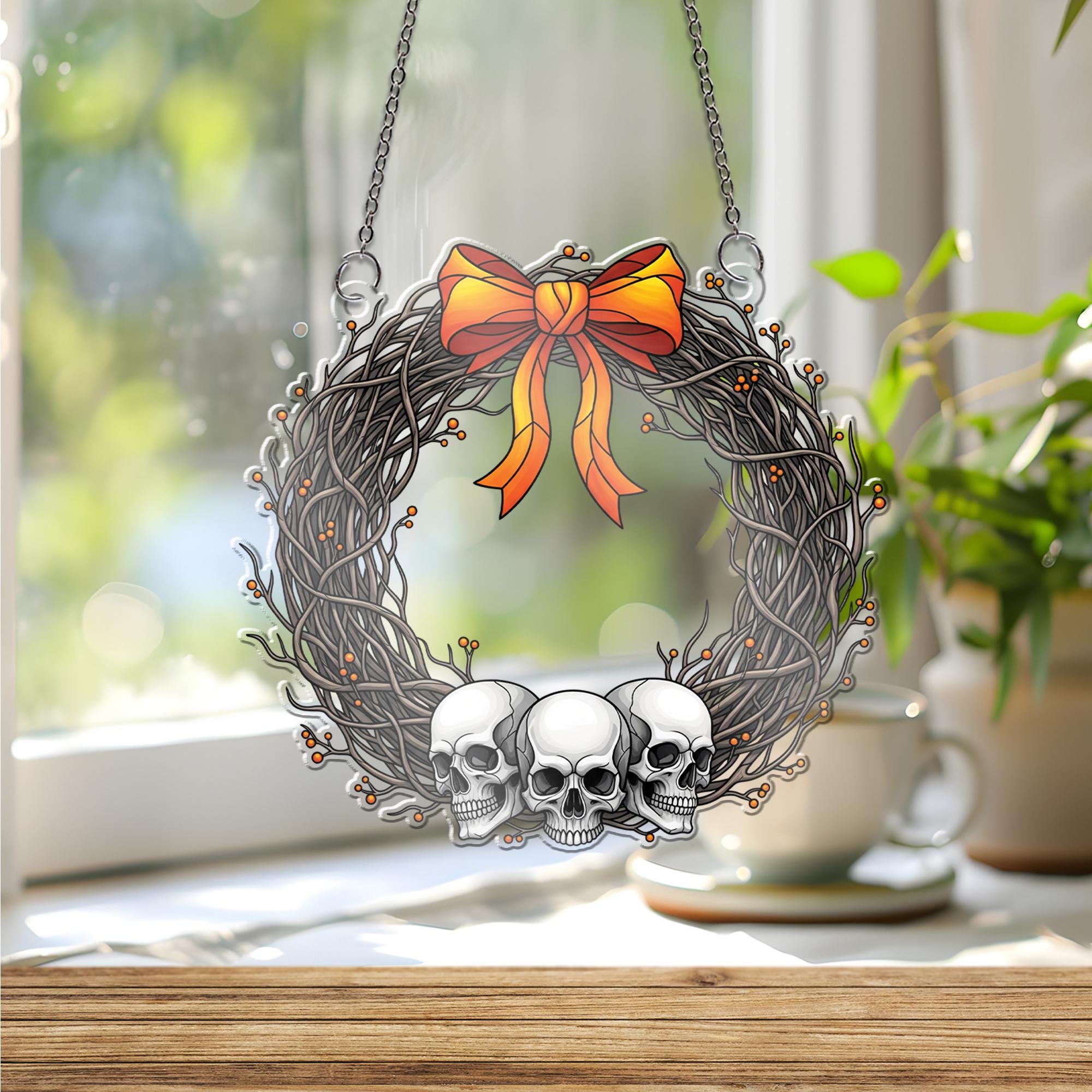 Halloween Skull Wreath Ornament , Gothic Window Decoration, Spooky Autumn Home Decor, Macabre Holiday Gift
