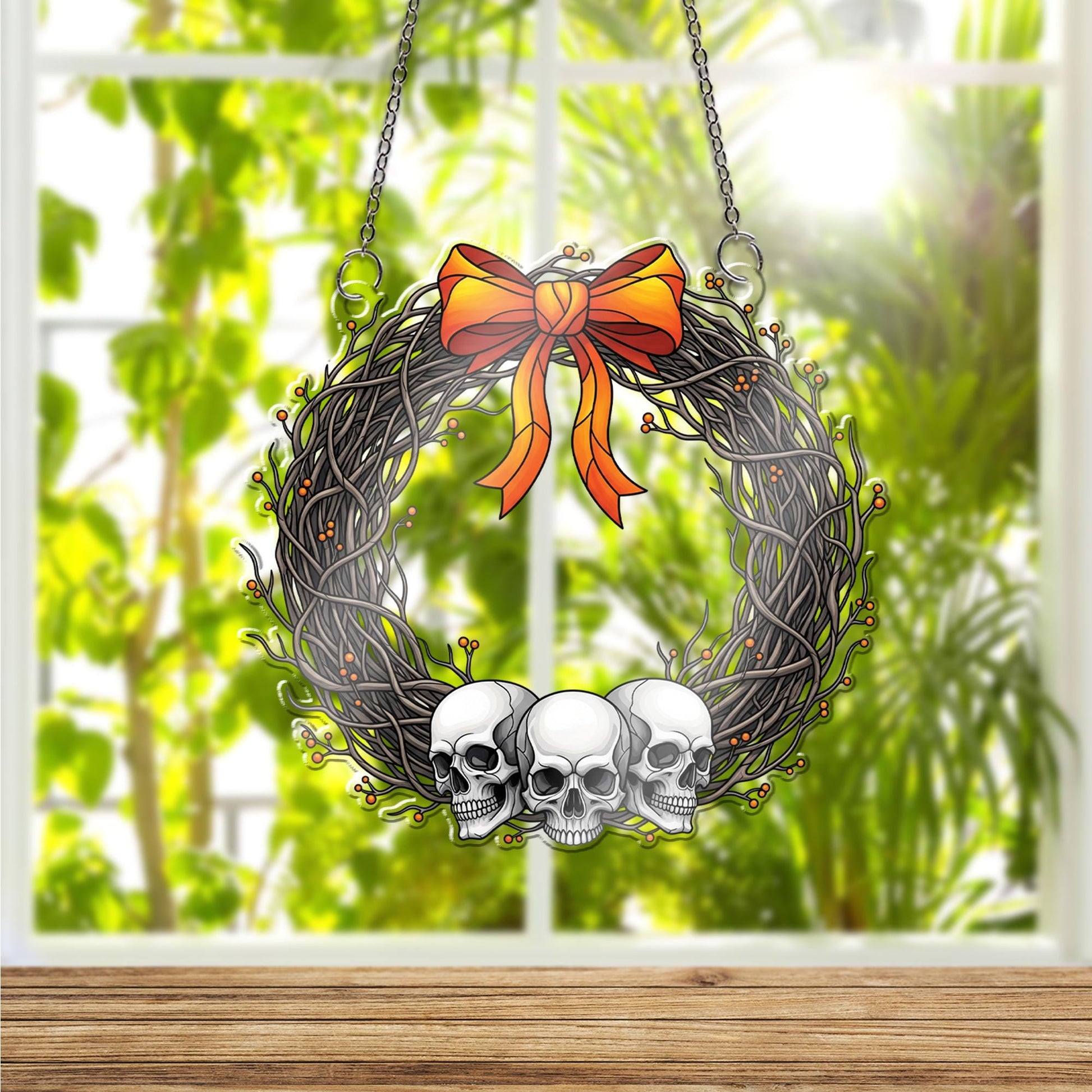 Halloween Skull Wreath Ornament , Gothic Window Decoration, Spooky Autumn Home Decor, Macabre Holiday Gift