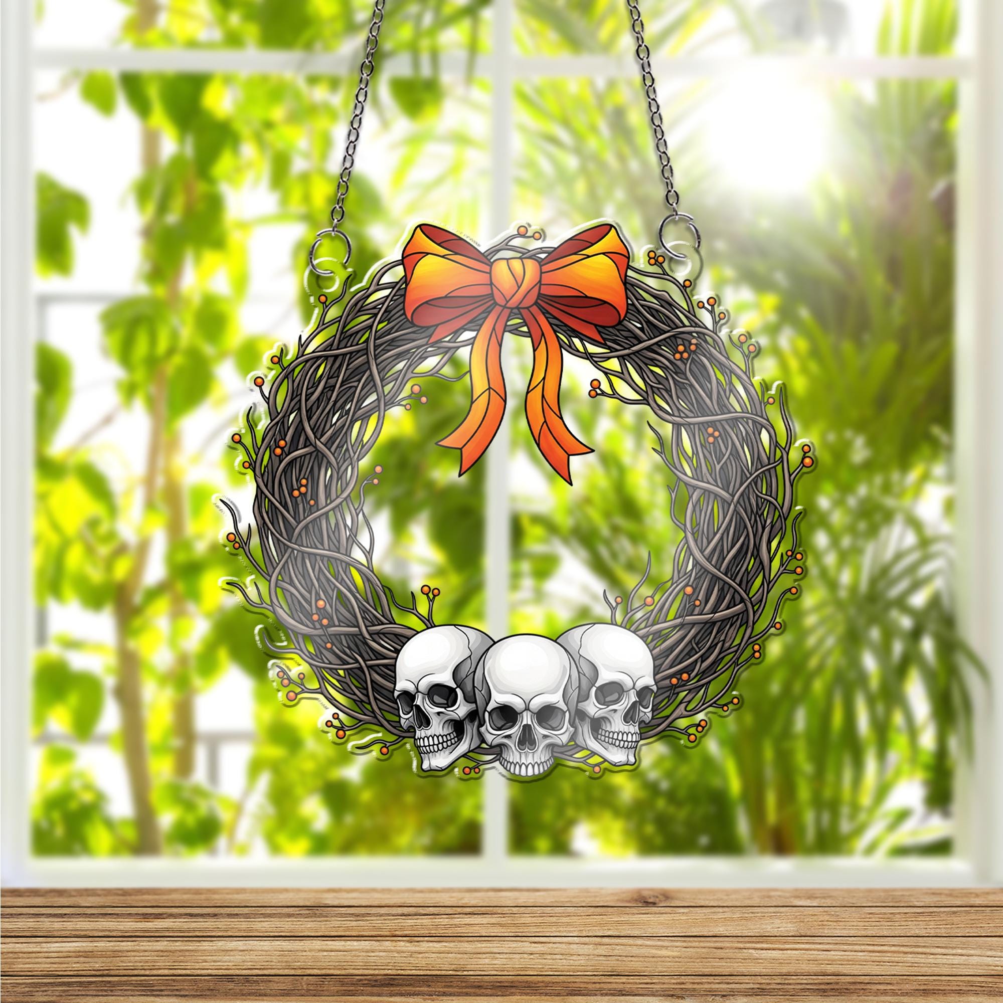 Halloween Skull Wreath Ornament , Gothic Window Decoration, Spooky Autumn Home Decor, Macabre Holiday Gift