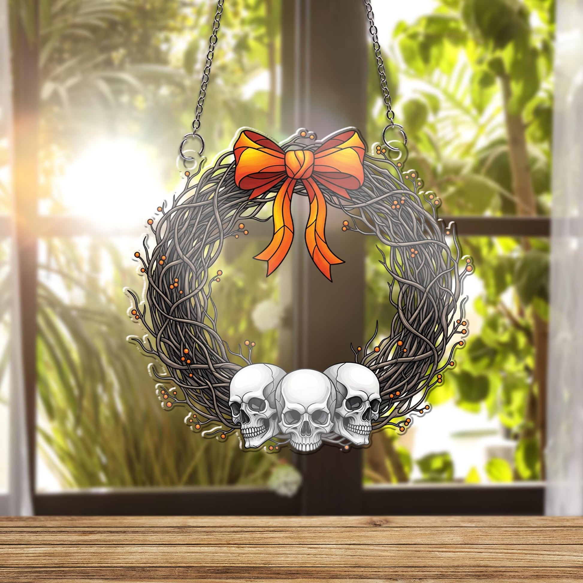 Halloween Skull Wreath Ornament , Gothic Window Decoration, Spooky Autumn Home Decor, Macabre Holiday Gift