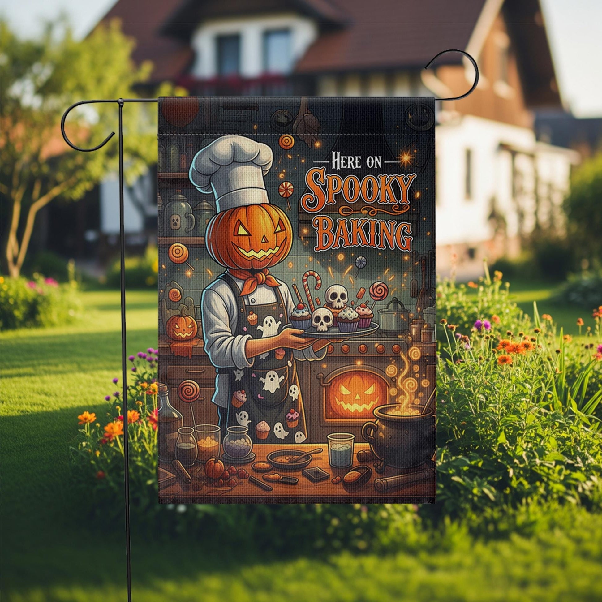 Spooky Baking Garden Flag, Halloween Pumpkin Chef Yard Decor, Creepy Kitchen Outdoor Banner, Fall Goth Home