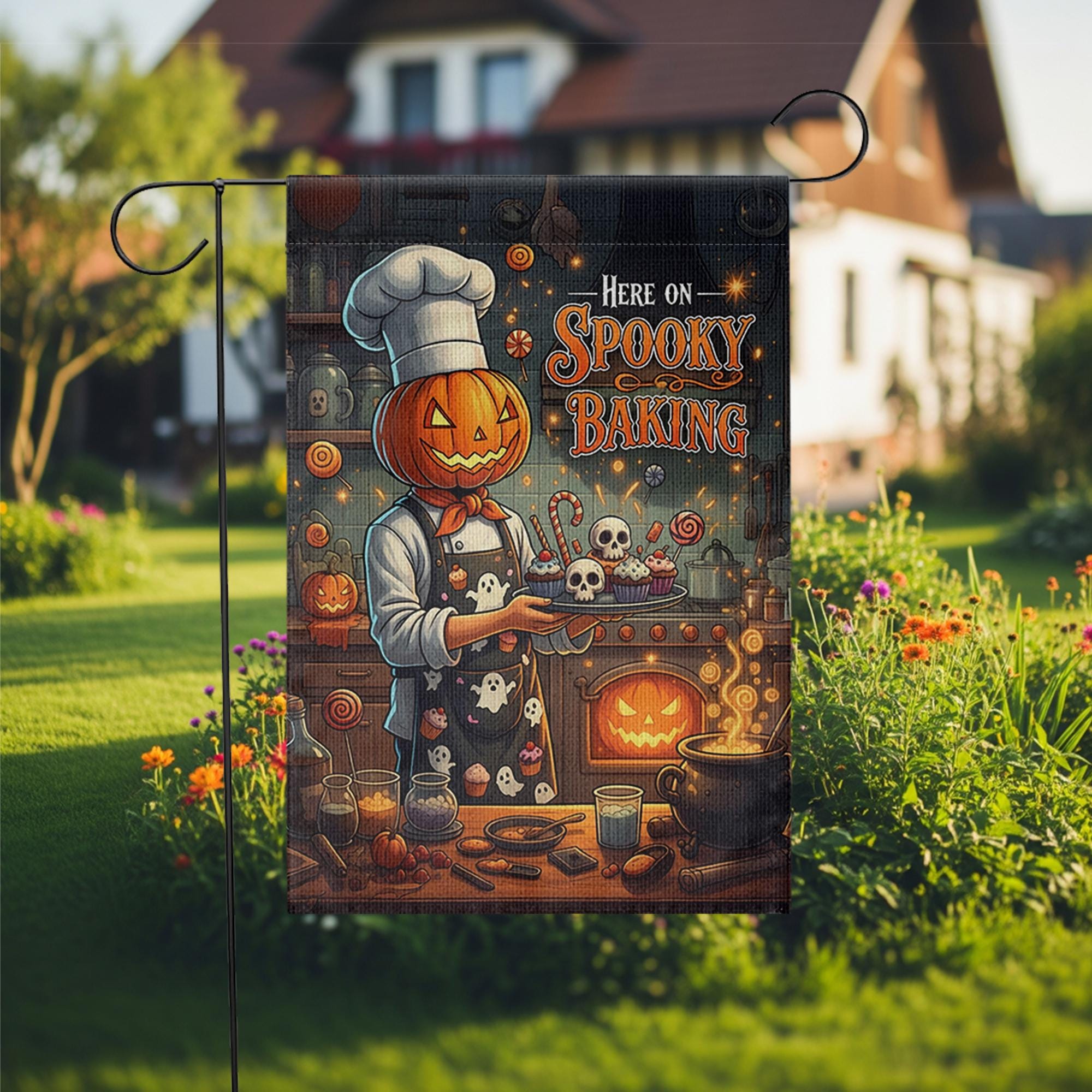 Spooky Baking Garden Flag, Halloween Pumpkin Chef Yard Decor, Creepy Kitchen Outdoor Banner, Fall Goth Home