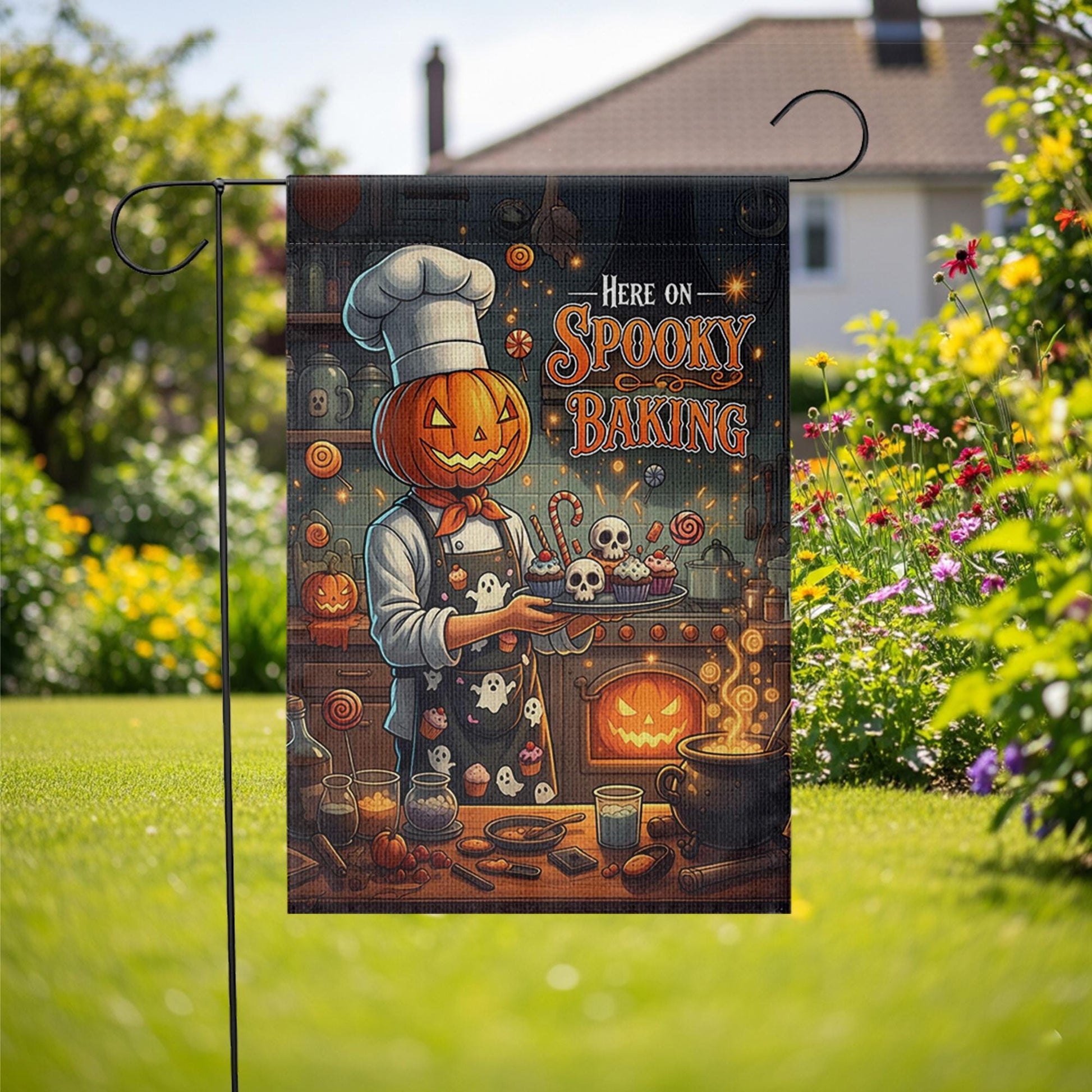 Spooky Baking Garden Flag, Halloween Pumpkin Chef Yard Decor, Creepy Kitchen Outdoor Banner, Fall Goth Home