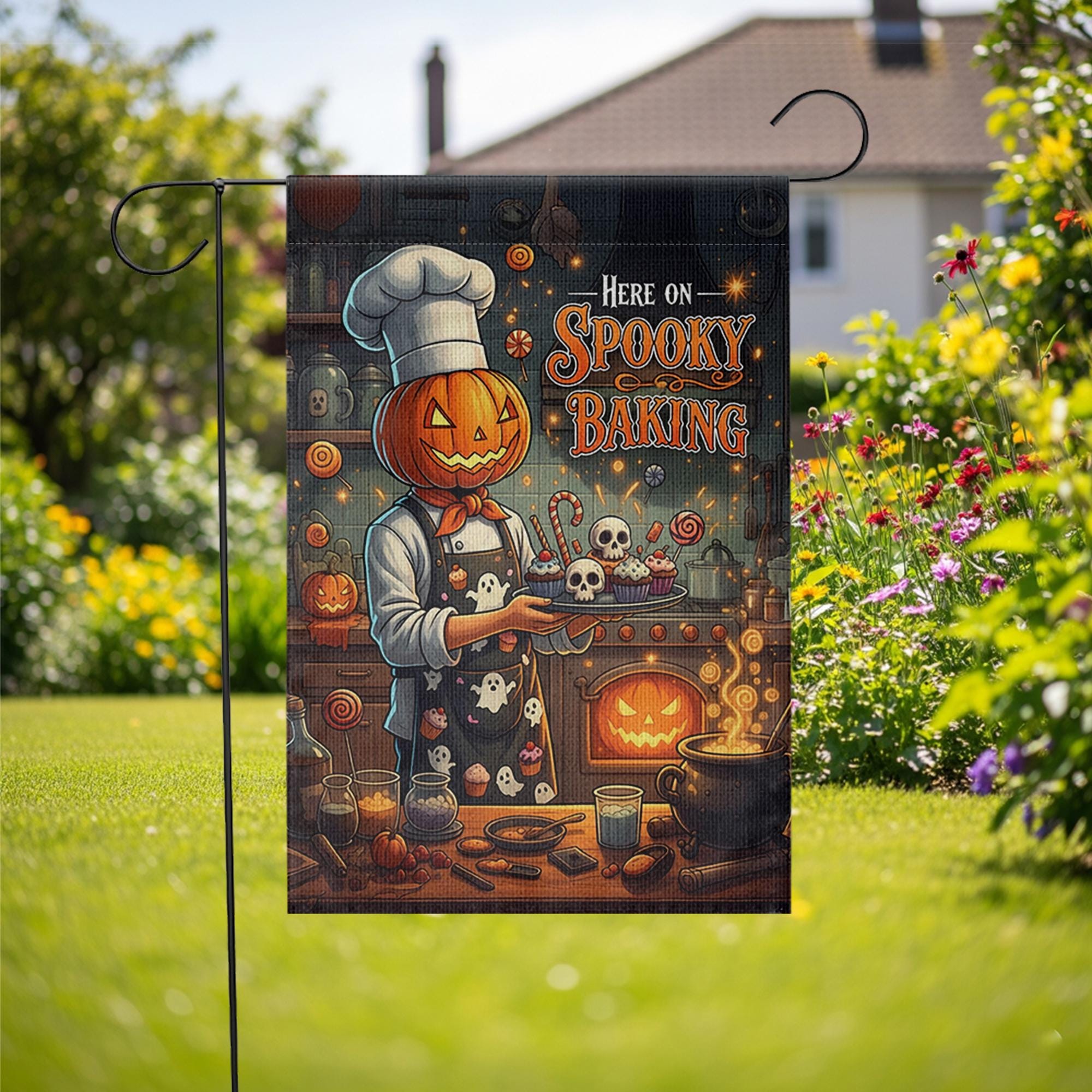Spooky Baking Garden Flag, Halloween Pumpkin Chef Yard Decor, Creepy Kitchen Outdoor Banner, Fall Goth Home