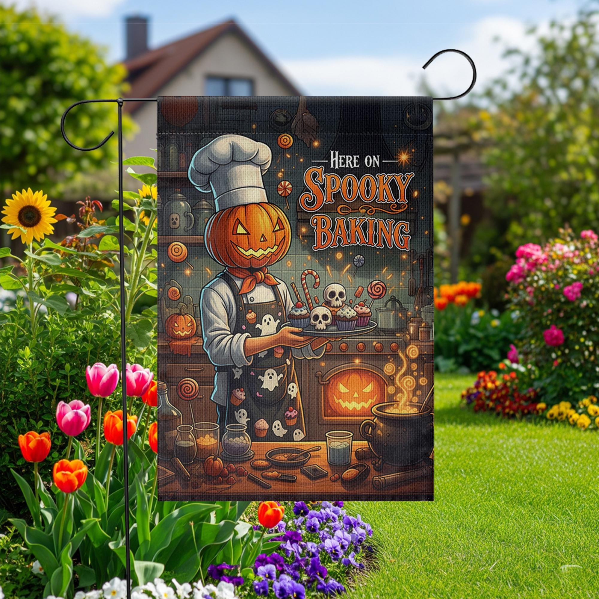 Spooky Baking Garden Flag, Halloween Pumpkin Chef Yard Decor, Creepy Kitchen Outdoor Banner, Fall Goth Home