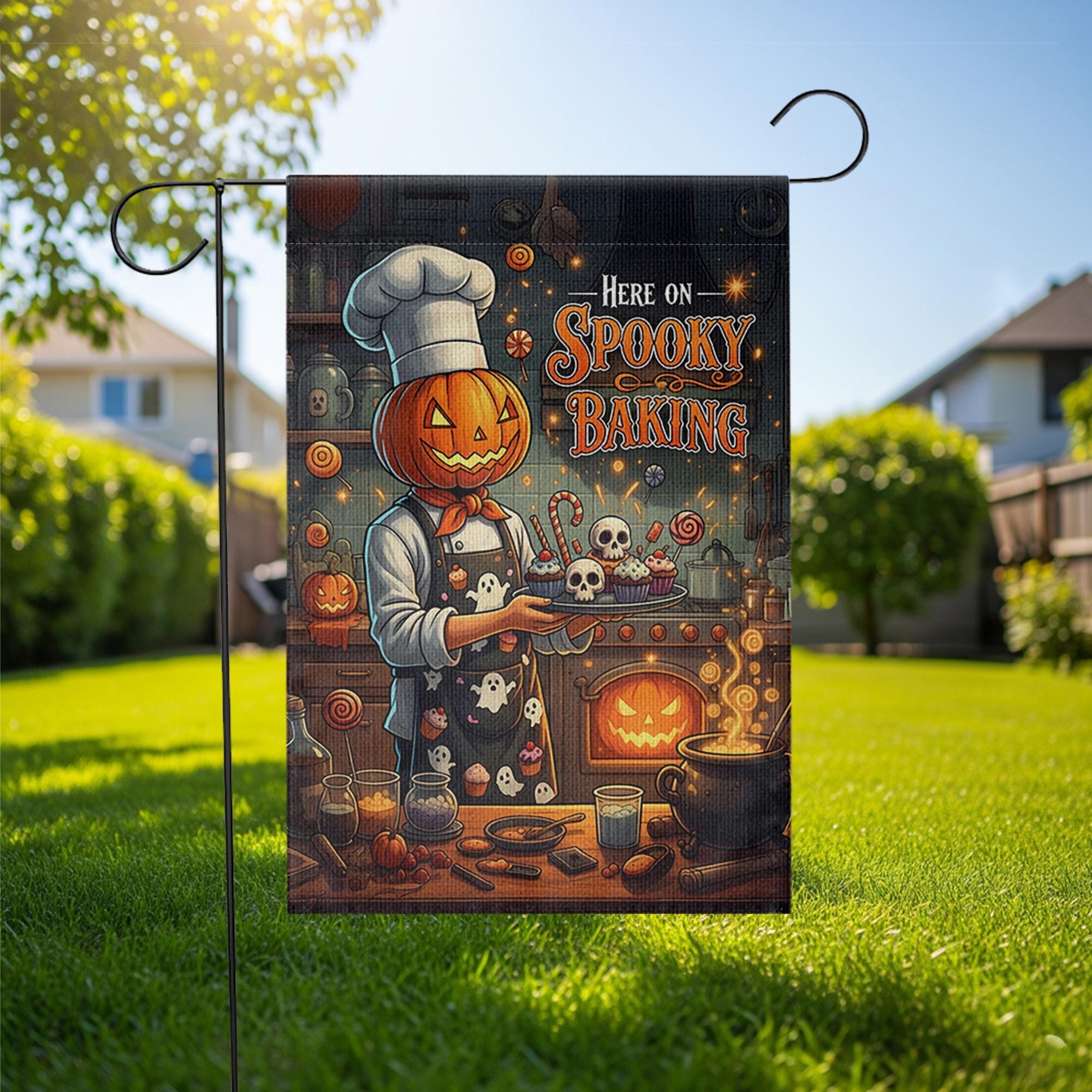 Spooky Baking Garden Flag, Halloween Pumpkin Chef Yard Decor, Creepy Kitchen Outdoor Banner, Fall Goth Home