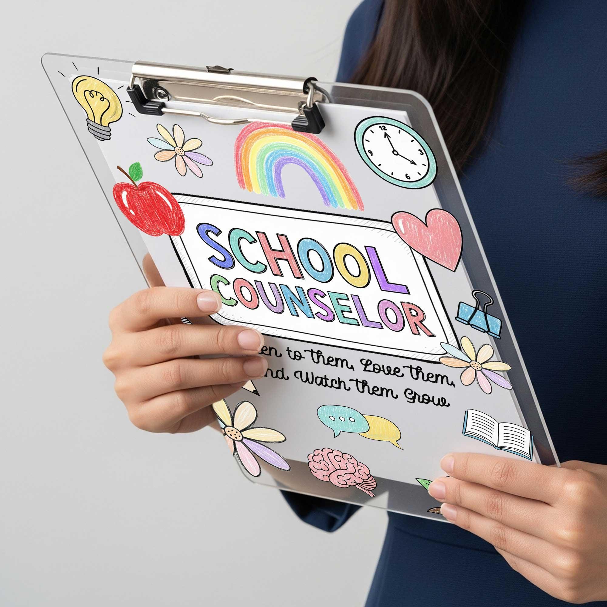 Personalized School Counselor Gift Set | Badge Reel & Leather ID Holder | Acrylic Clipboard | Back to School Teacher Counselor Supplies