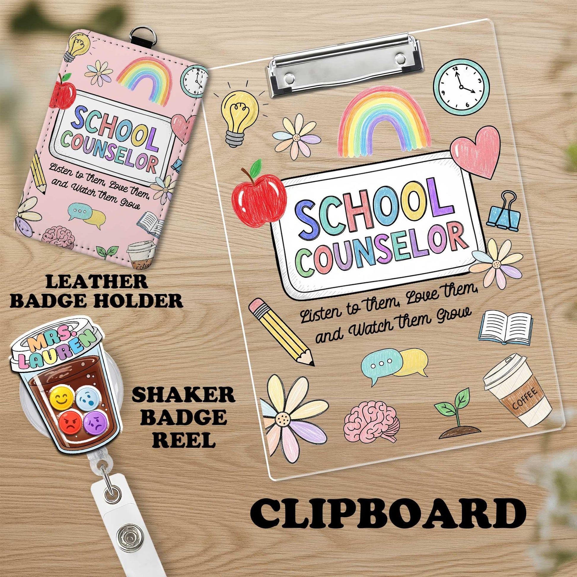 Personalized School Counselor Gift Set | Badge Reel & Leather ID Holder | Acrylic Clipboard | Back to School Teacher Counselor Supplies