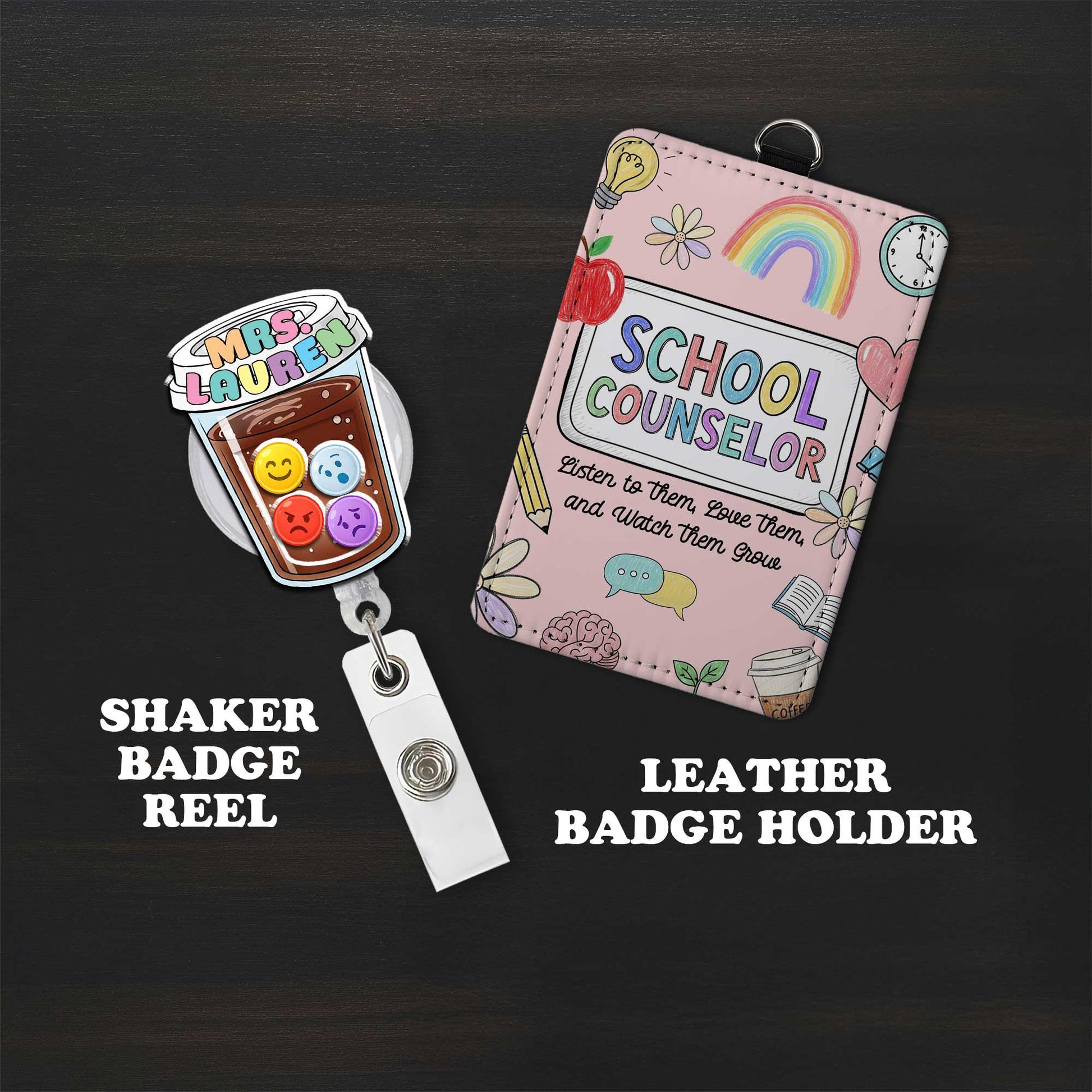 Personalized School Counselor Gift Set | Badge Reel & Leather ID Holder | Acrylic Clipboard | Back to School Teacher Counselor Supplies