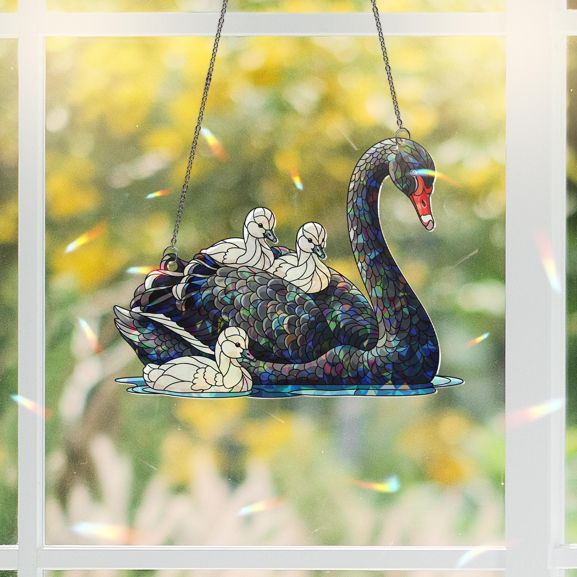 Holographic Black Swan Window Hanging – Mama Swan with Babies Suncatcher – Elegant Bird Decor Gift for Nature & Animal Lovers