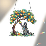 Faux Stained Glass Raccoon Window Hanging – Golden Apple Tree Suncatcher, Holographic Animal Decor, Boho Forest Window Art, Nature Gift