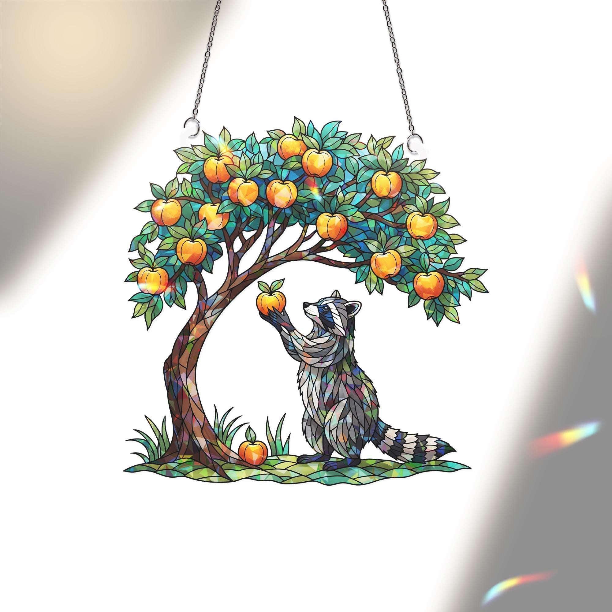 Faux Stained Glass Raccoon Window Hanging – Golden Apple Tree Suncatcher, Holographic Animal Decor, Boho Forest Window Art, Nature Gift