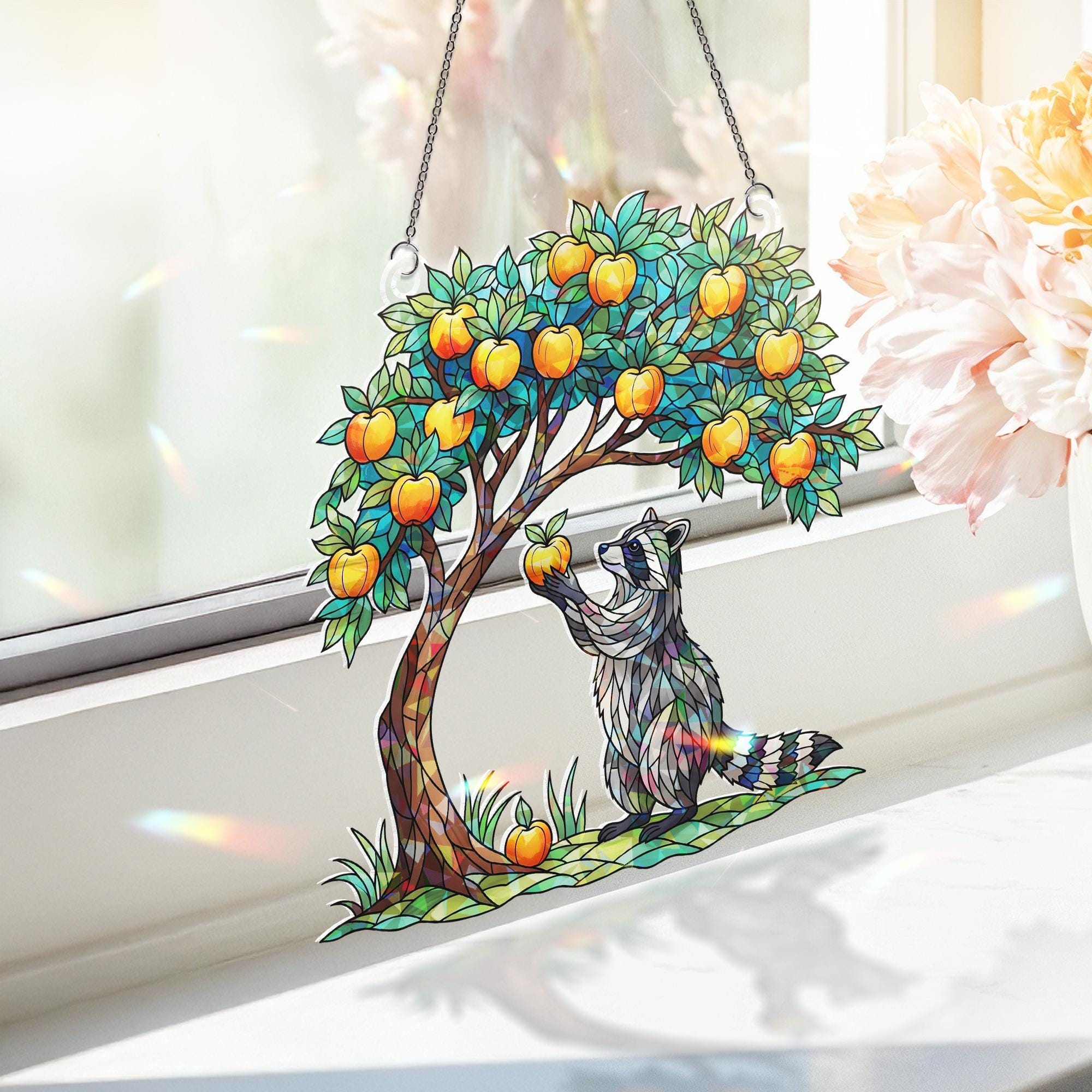 Faux Stained Glass Raccoon Window Hanging – Golden Apple Tree Suncatcher, Holographic Animal Decor, Boho Forest Window Art, Nature Gift