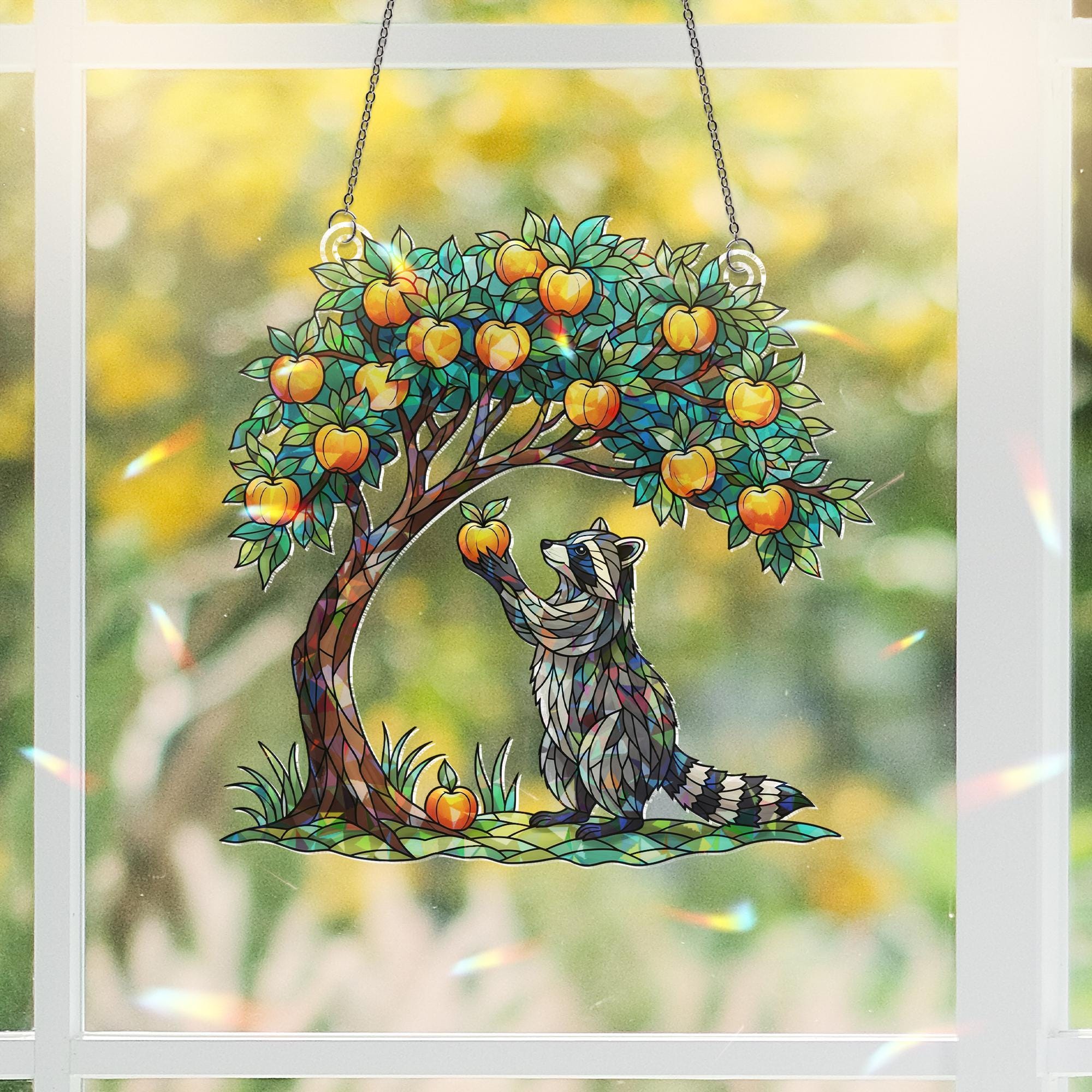 Faux Stained Glass Raccoon Window Hanging – Golden Apple Tree Suncatcher, Holographic Animal Decor, Boho Forest Window Art, Nature Gift