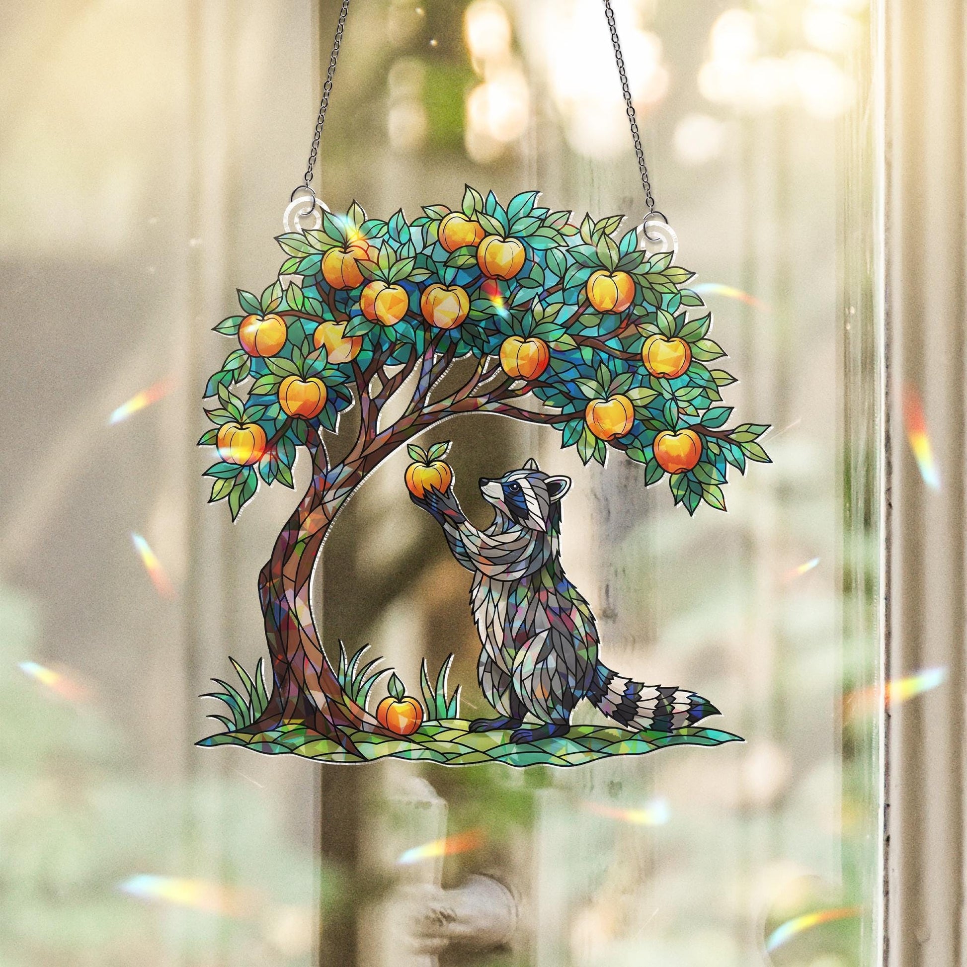 Faux Stained Glass Raccoon Window Hanging – Golden Apple Tree Suncatcher, Holographic Animal Decor, Boho Forest Window Art, Nature Gift