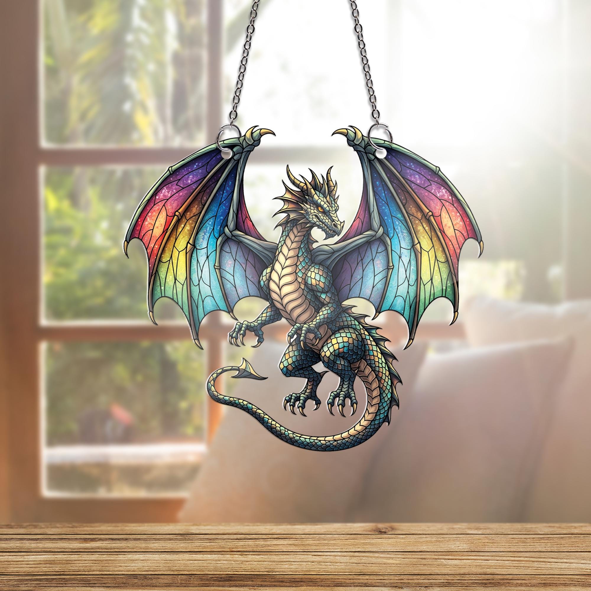 Rainbow Dragon Window Hanging – Fantasy Faux Glass Suncatcher – Gothic Colorful Dragon Decor for Mythical Creature Lovers
