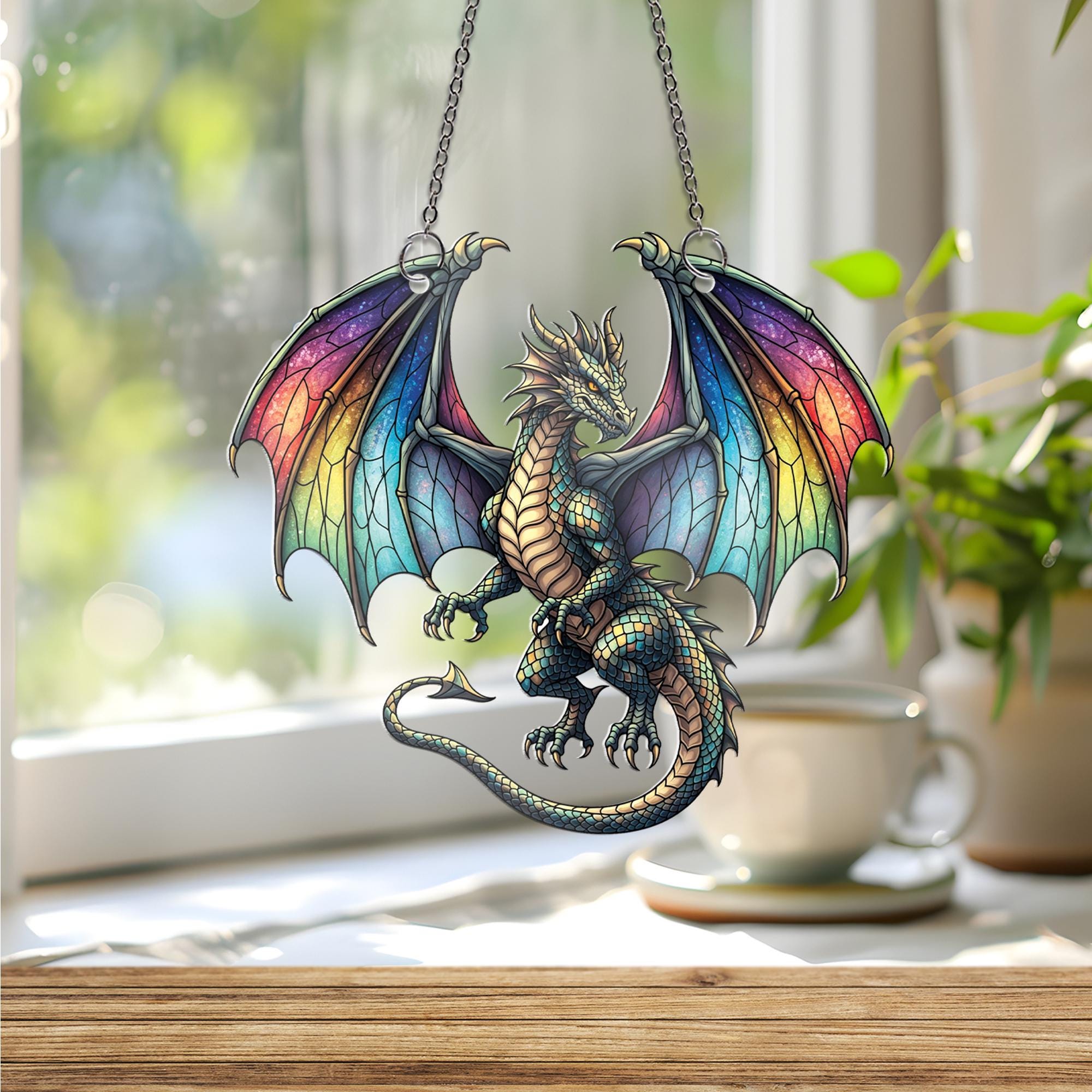 Rainbow Dragon Window Hanging – Fantasy Faux Glass Suncatcher – Gothic Colorful Dragon Decor for Mythical Creature Lovers