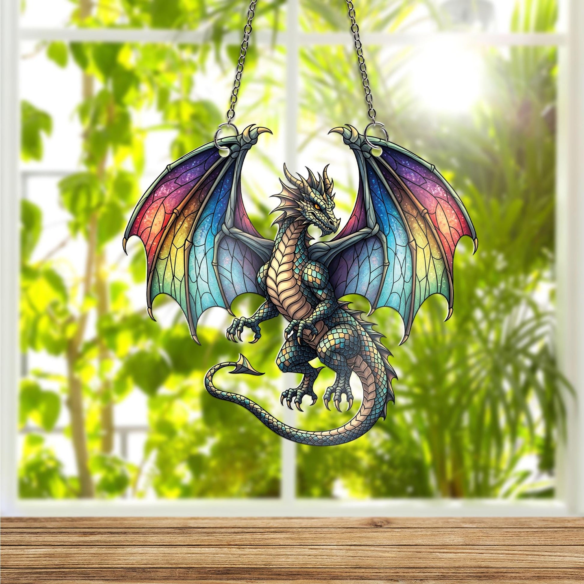 Rainbow Dragon Window Hanging – Fantasy Faux Glass Suncatcher – Gothic Colorful Dragon Decor for Mythical Creature Lovers