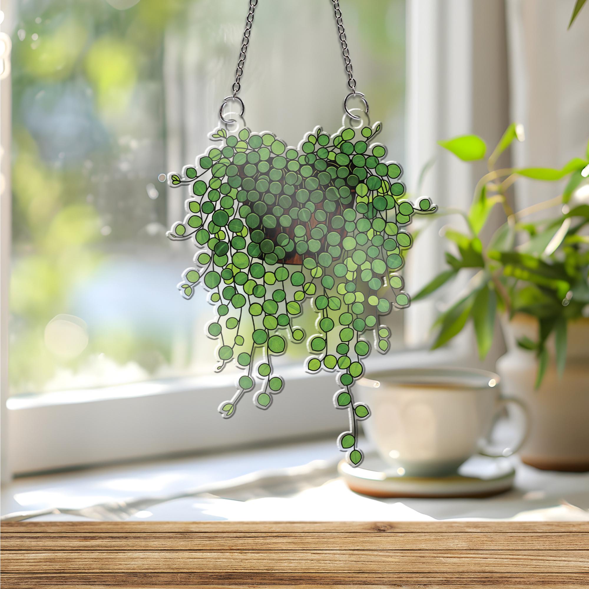 String of Nickels Plant Suncatcher – Faux Stained Glass Window Hanging, Greenery Decor, Boho Botanical Sunlight Catcher
