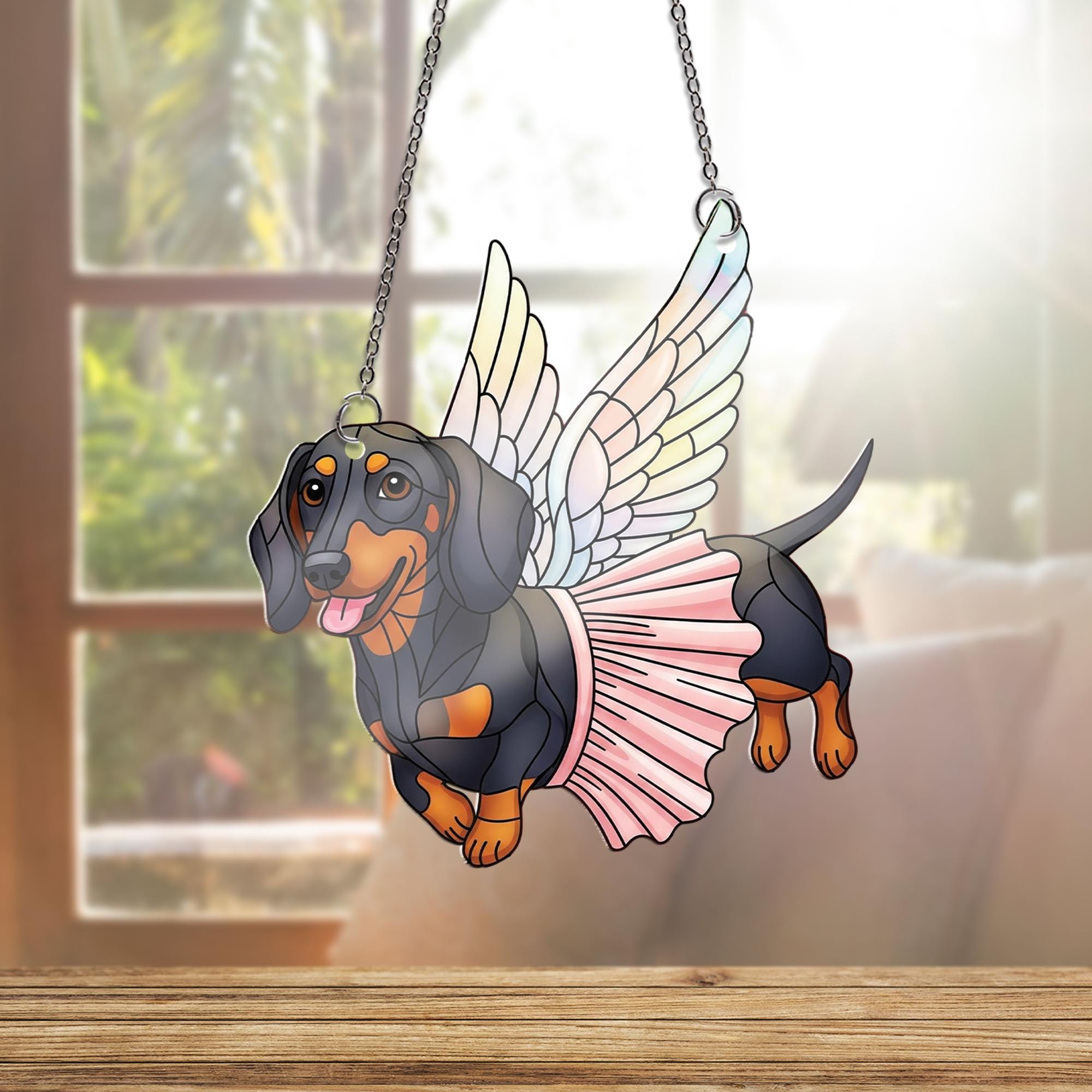 Dachshund Fairy Dog Suncatcher – Faux Stained Glass Window Hanging, Flying Wiener Dog Decor, Angel Pup Gift, Pet Memorial Art