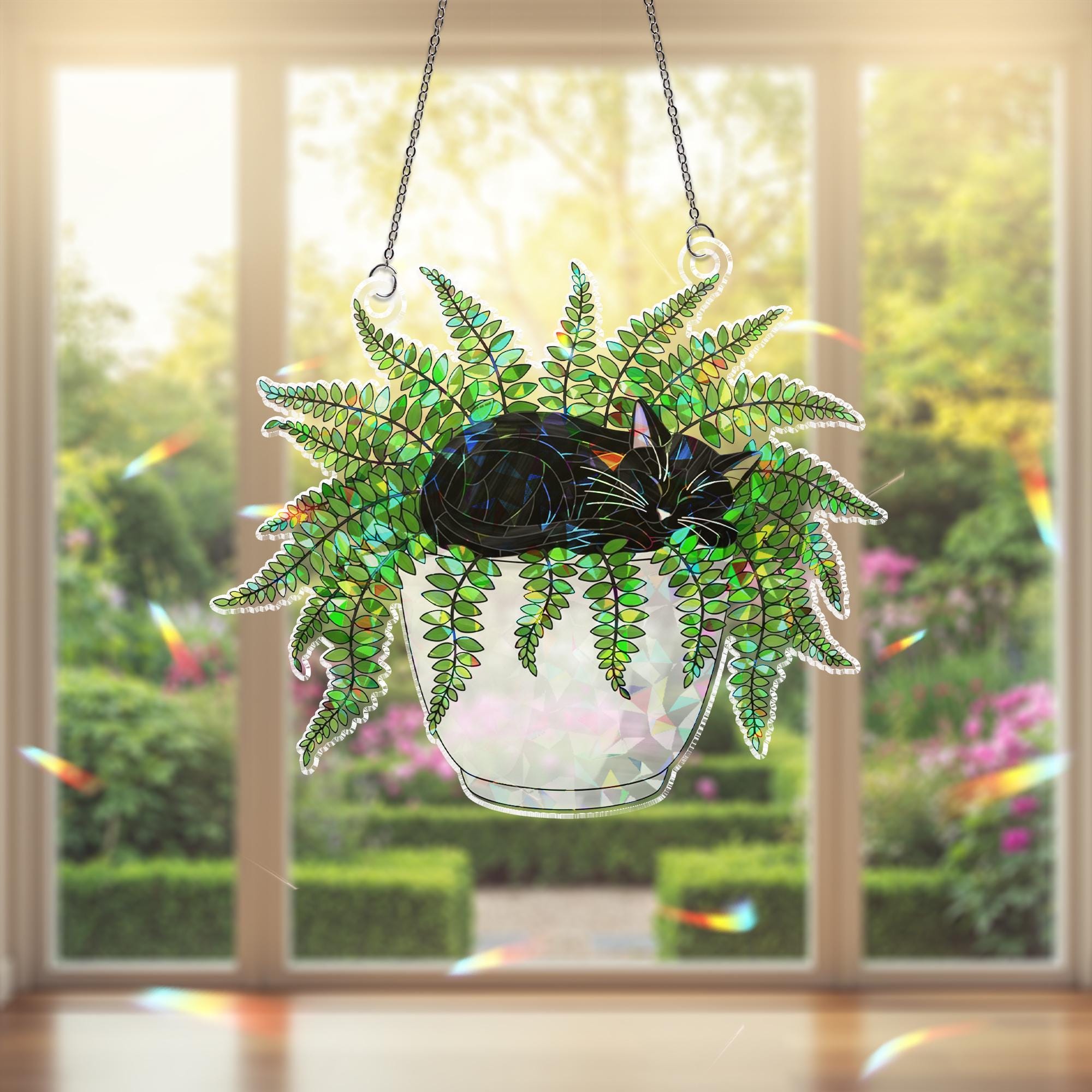 Cat in Fern Pot Suncatcher, Acrylic Holographic Window Decor, Hanging Plant Cat Art, Boho Window Decor, Gift for Cat Lovers, Fern Decor