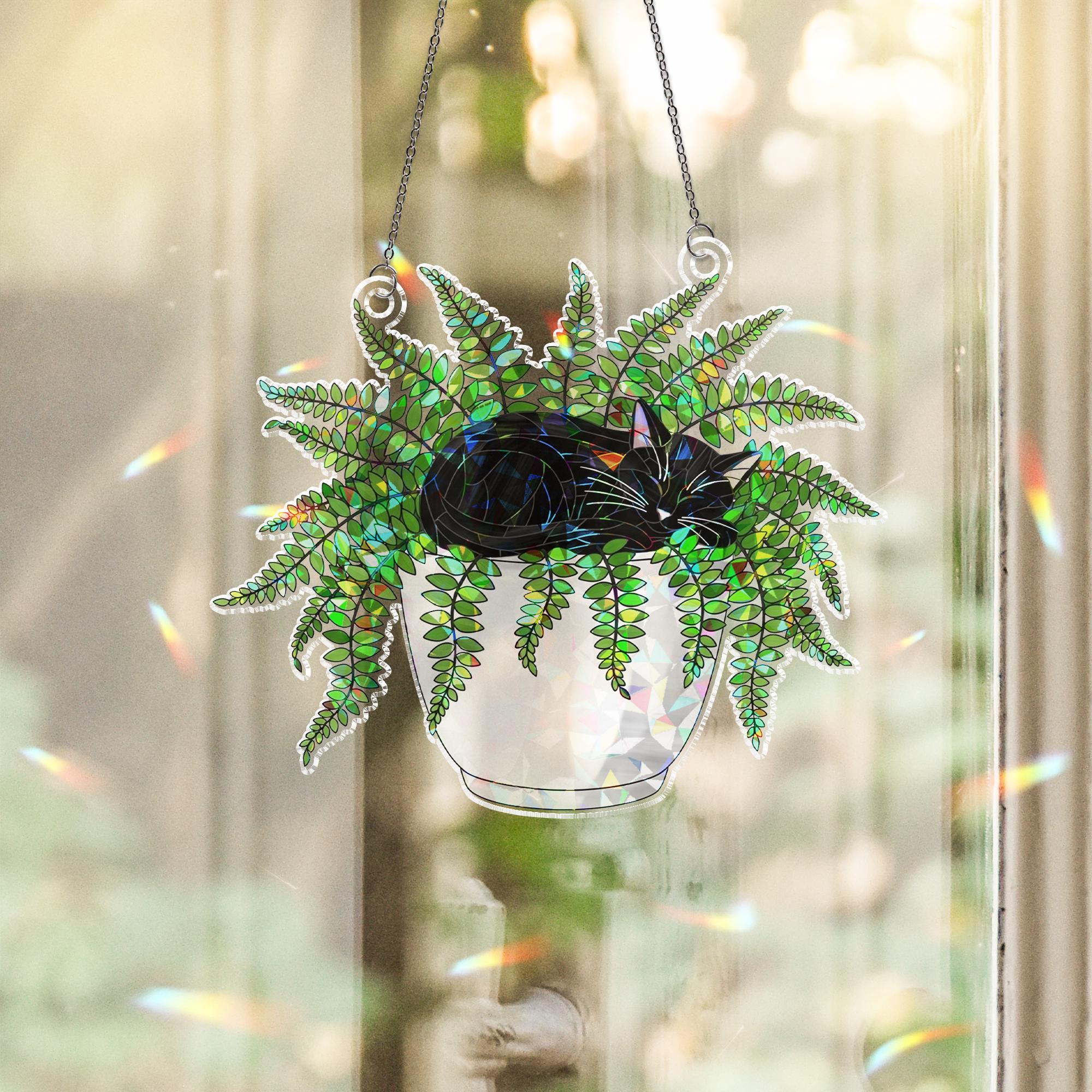 Cat in Fern Pot Suncatcher, Acrylic Holographic Window Decor, Hanging Plant Cat Art, Boho Window Decor, Gift for Cat Lovers, Fern Decor