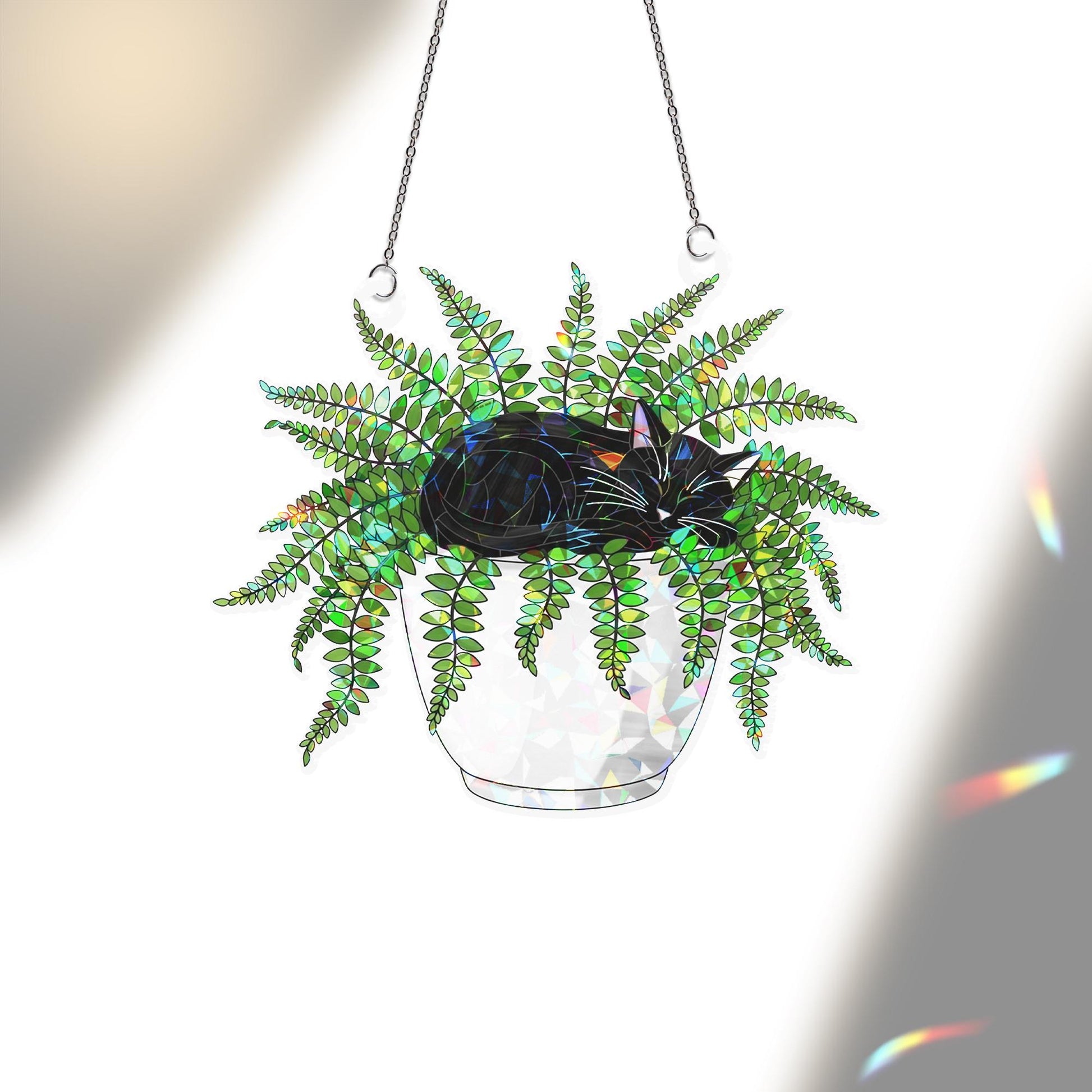Cat in Fern Pot Suncatcher, Acrylic Holographic Window Decor, Hanging Plant Cat Art, Boho Window Decor, Gift for Cat Lovers, Fern Decor