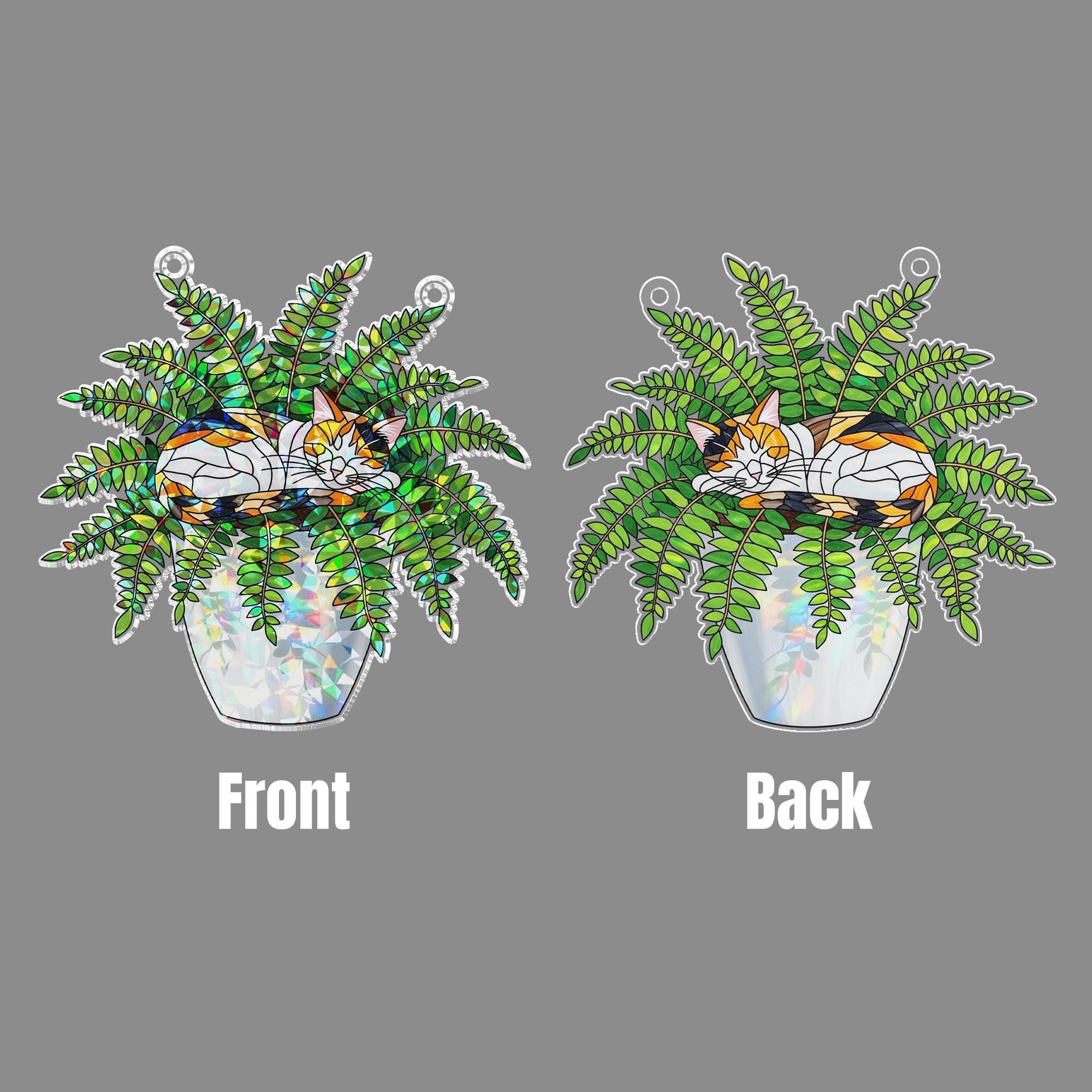 Calico Cat Plant Suncatcher, Holographic Acrylic Window Decor, Cat in Fern Pot, Rainbow Light Catcher, Gift for Cat and Plant Lovers